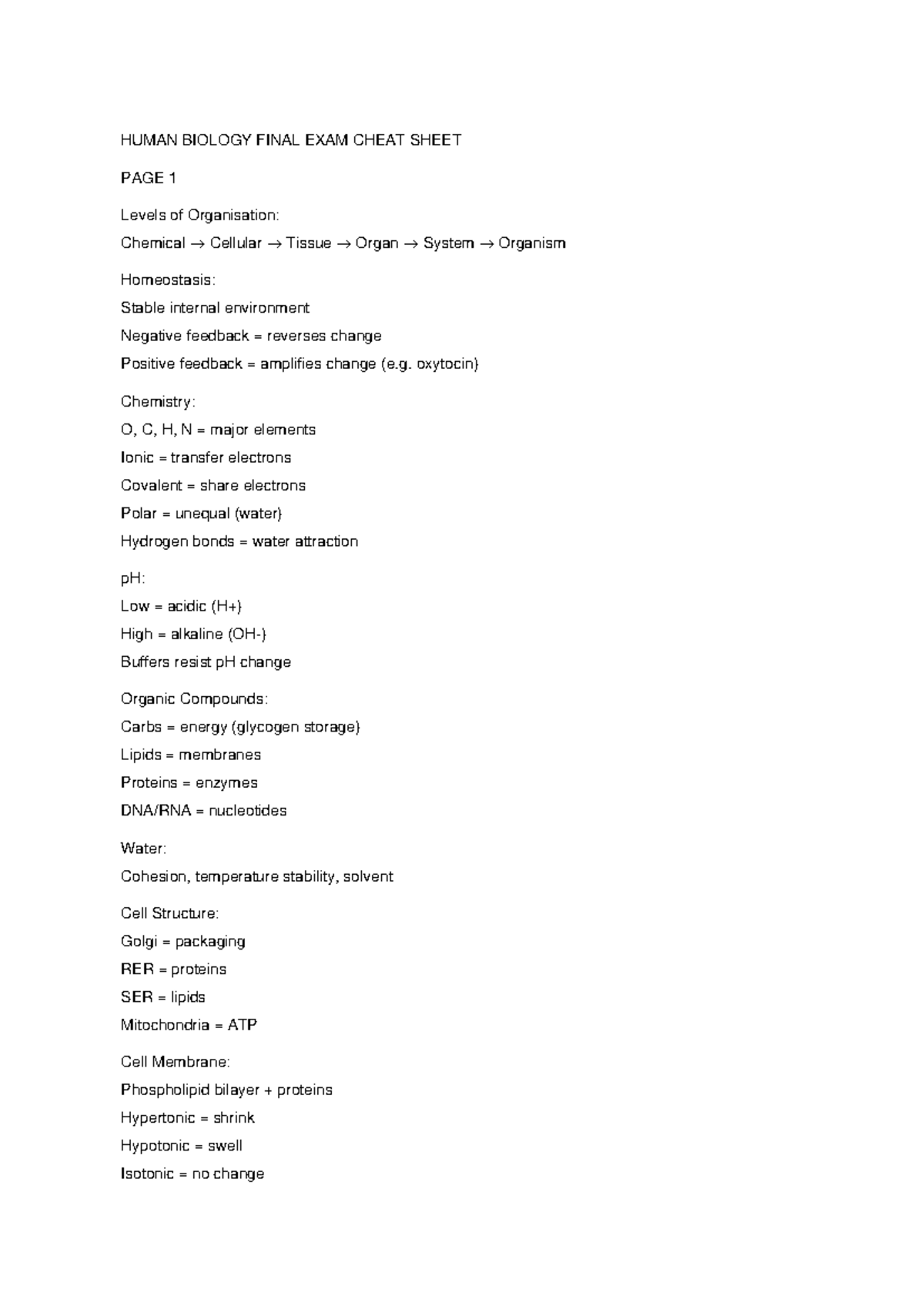 HUMAN BIOLOGY FINAL EXAM CHEAT SHEET - KEY CONCEPTS - Studocu
