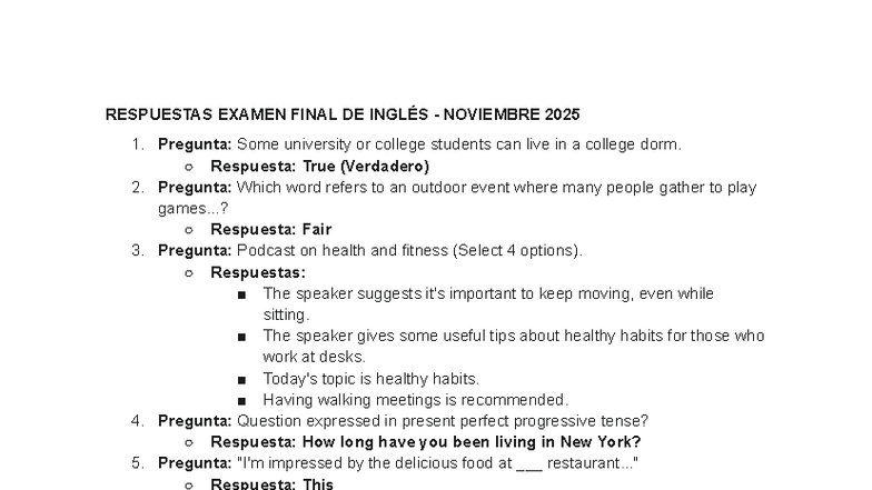 Respuestas Examen Final de Inglés - Noviembre 2025 - Document Preview
