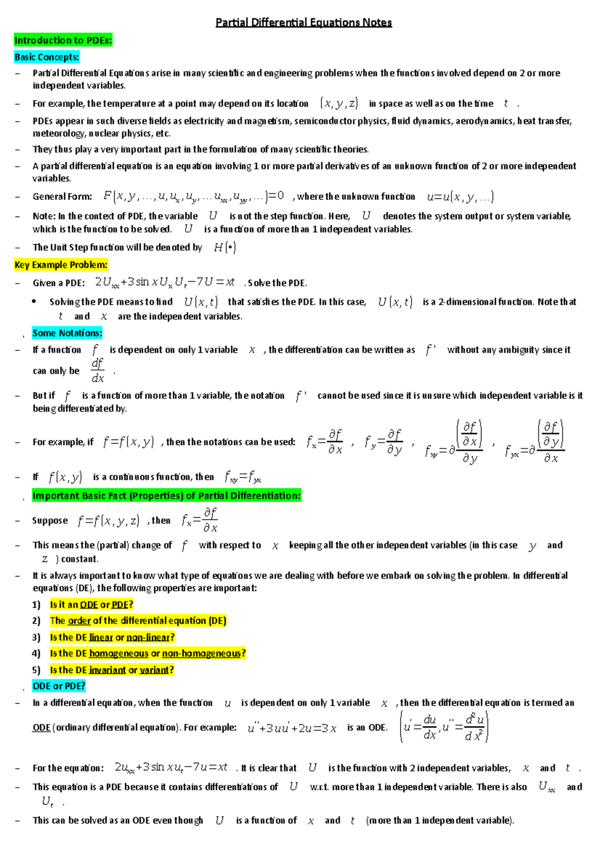 5) Partial Differential Equations Notes/Summary - Partial Differential ...