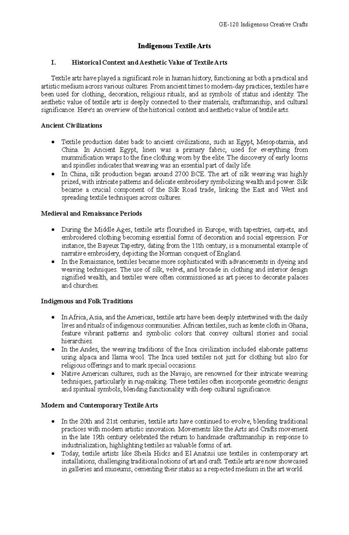 Indigenous Textile Arts: A Cultural and Historical Overview - Studocu