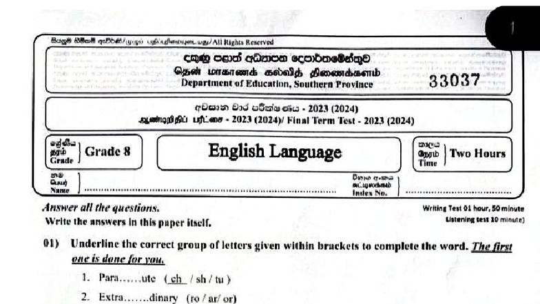 Grade 8 English Language Final Term Test 2023 (2024) - Studocu