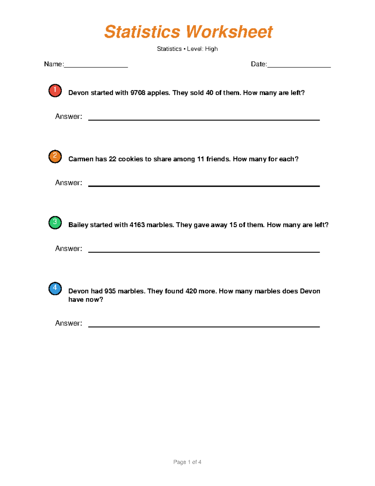 Statistics Worksheet: High Level 1 Exercises and Answers - Studocu