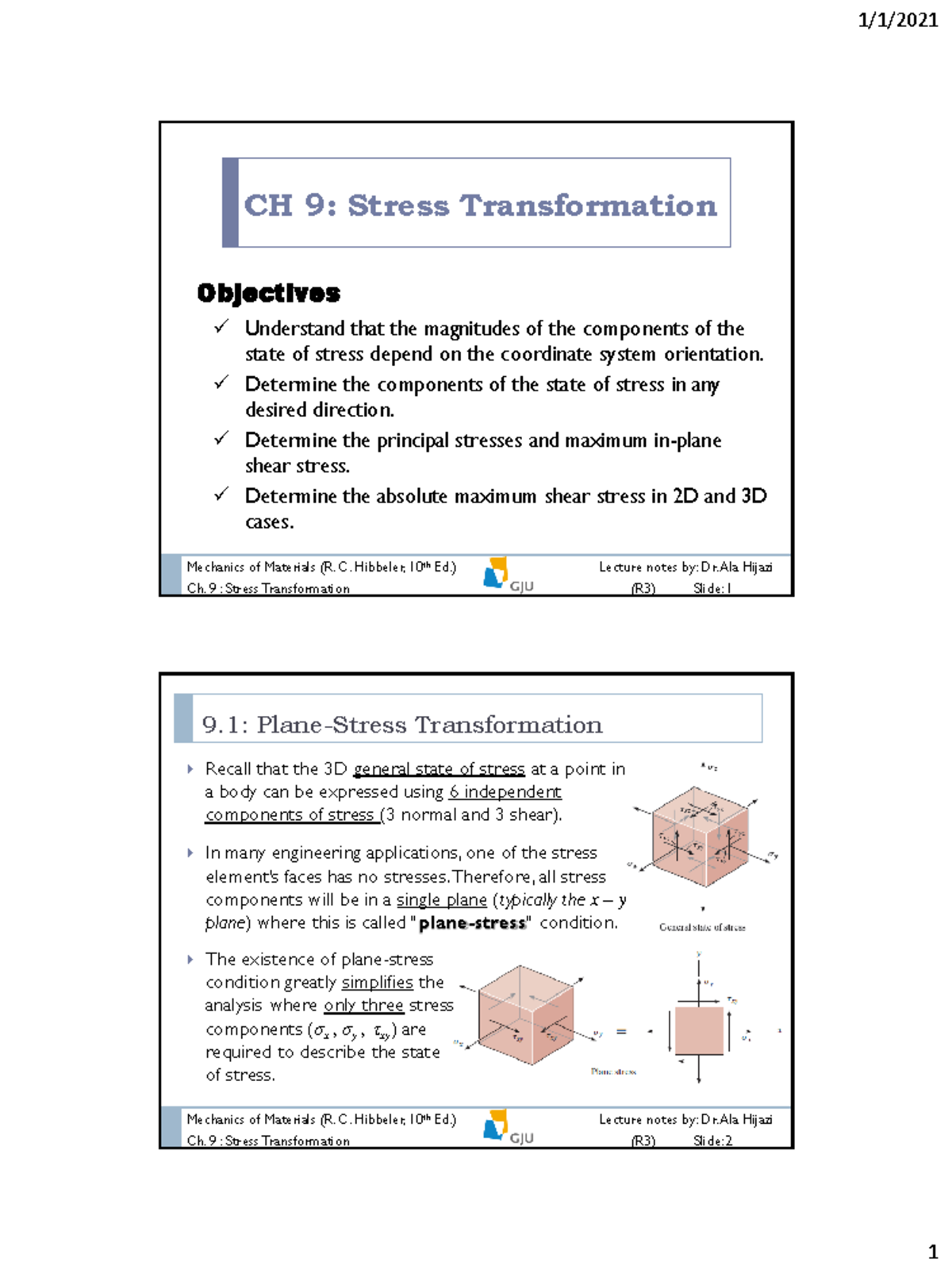 Ch. 9 Stress Transformation – Mechanics of Materials Lecture Notes ...