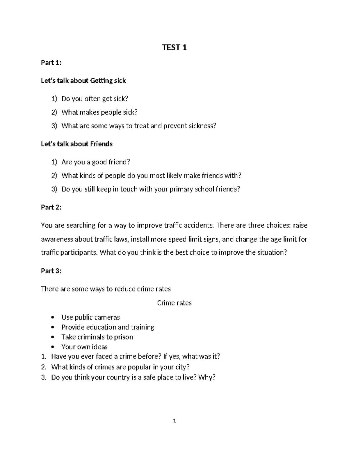 Speaking MOCK TEST 1-2: Discussing Health, Crime, and Housing - Studocu
