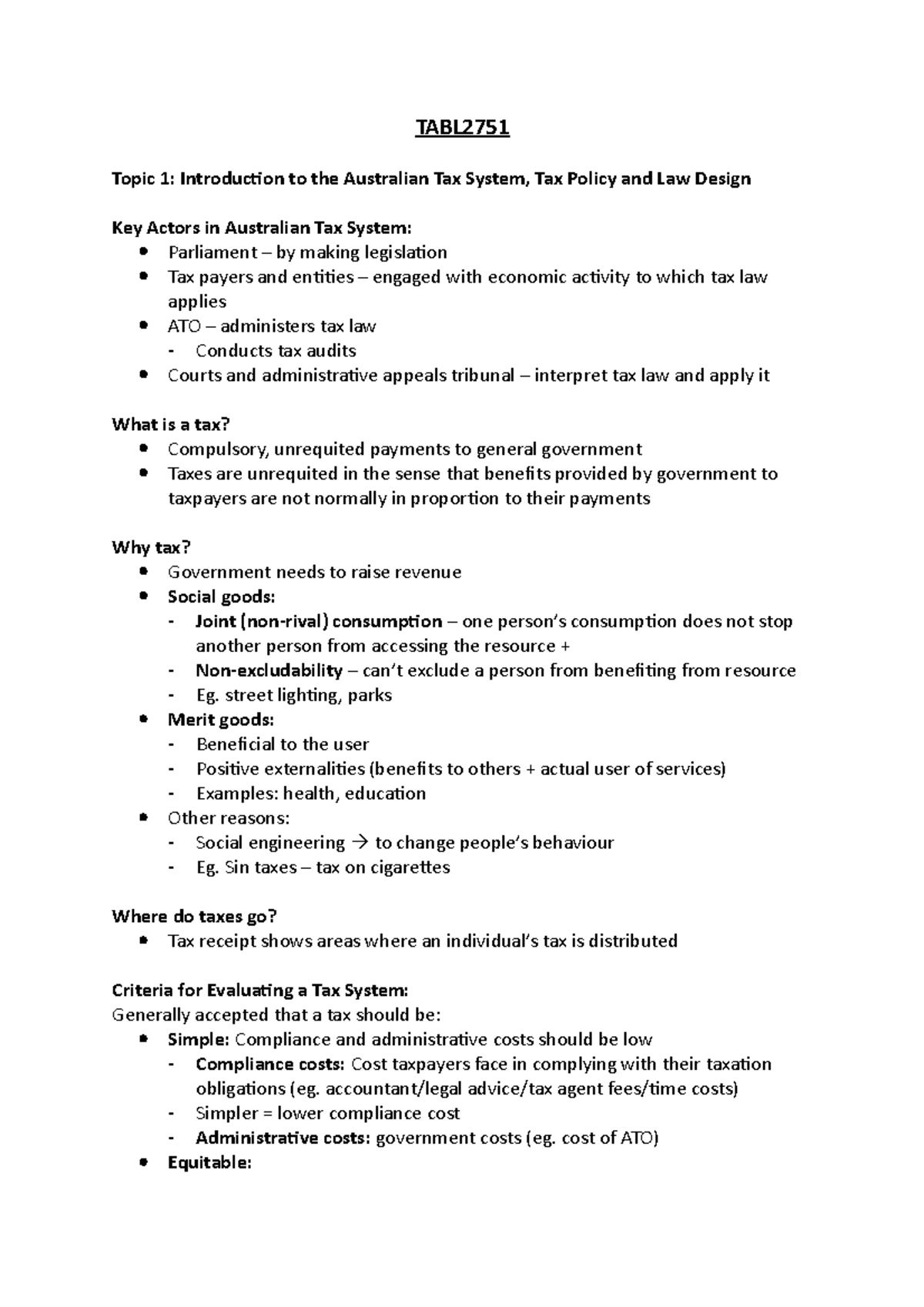 TABL2751 Week 1-7 Tax Notes: Australian Tax System Overview - Studocu