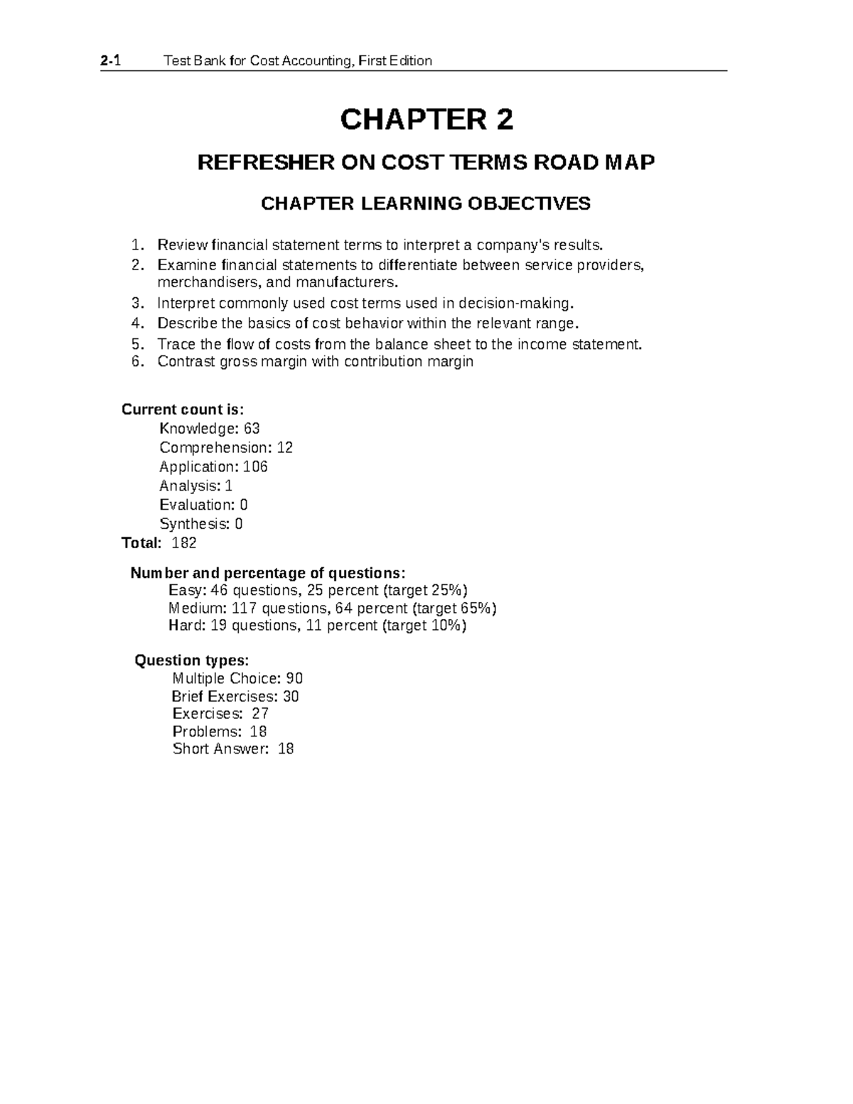 Test Bank for Cost Accounting (ACCT 101) - Chapter 2 Cost Terms ...