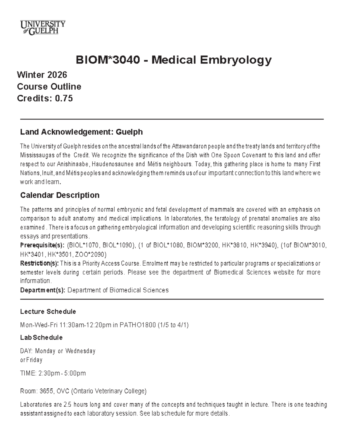 BIOM 3040 Medical Embryology Course Outline - Winter 2026 - Studocu