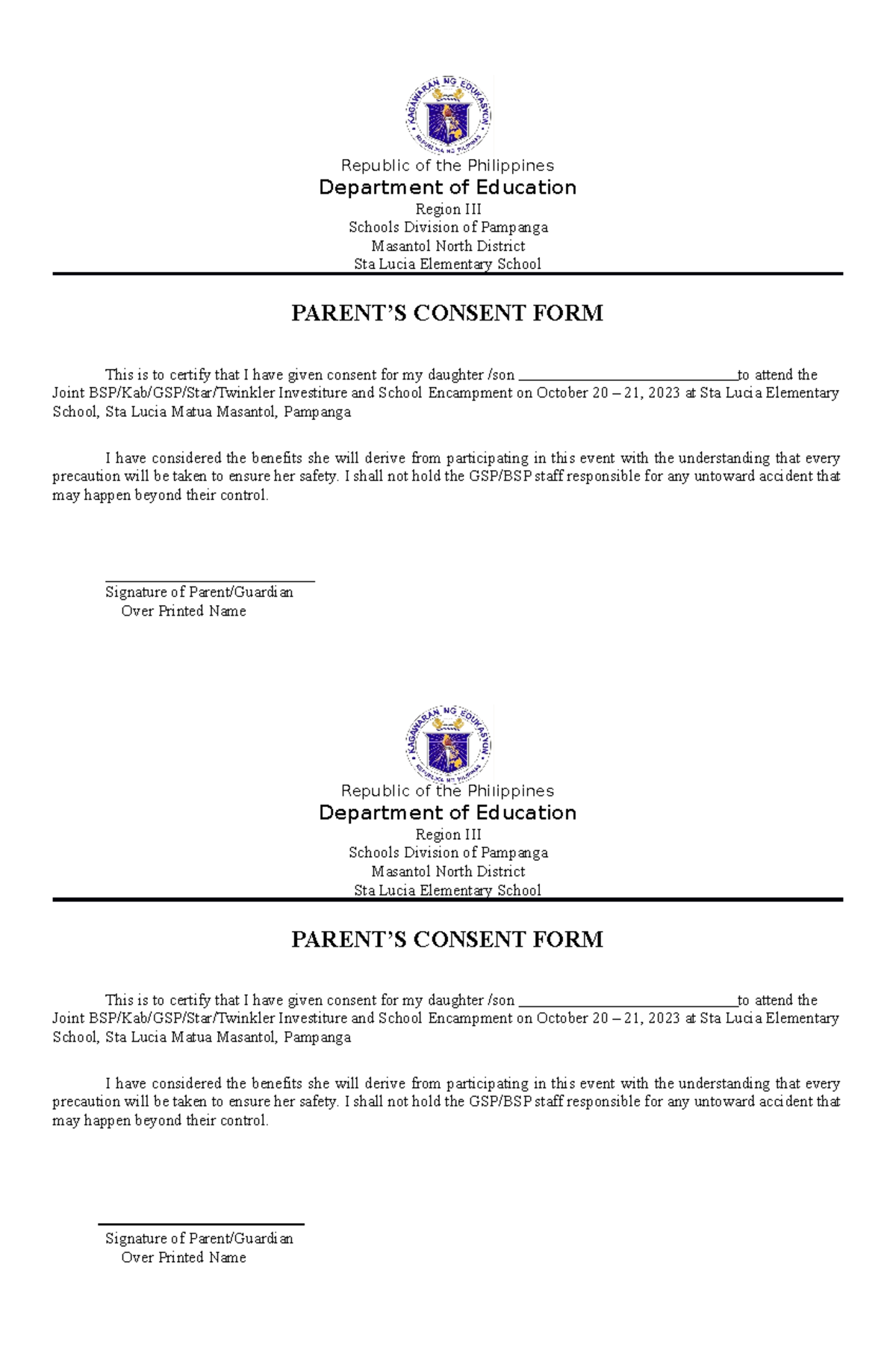 Parent's Consent Form for Joint BSP/Kab/GSP Event - Oct 2023 - Studocu
