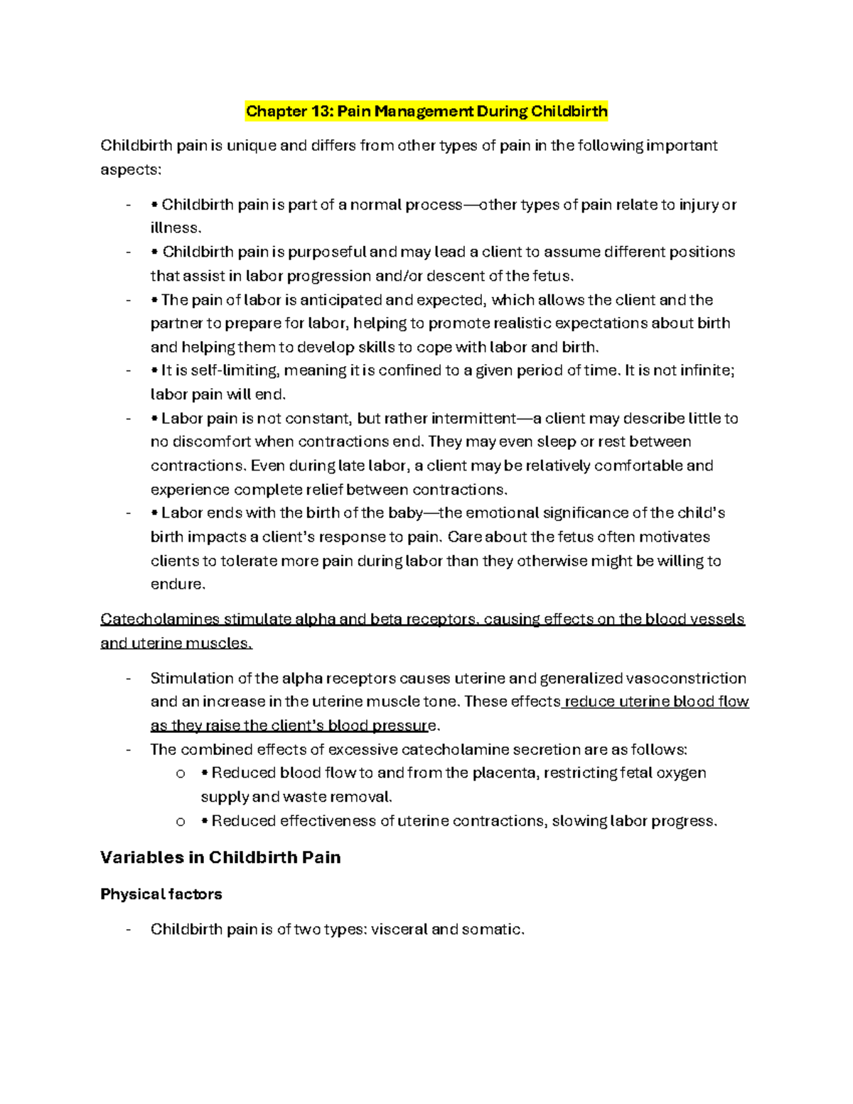 Chapter 13: Pain Management in Childbirth (RNSG-2208) - Unit 2 Review ...