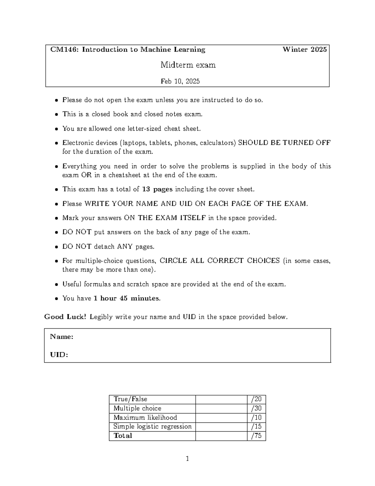 CM146: Winter 2025 Machine Learning Midterm Exam Practice Guide - Studocu