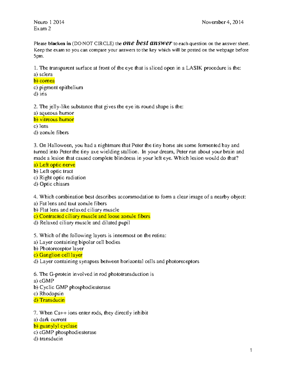 Neuro 1 Exam 2 Answer Key - November 2014 - Studocu