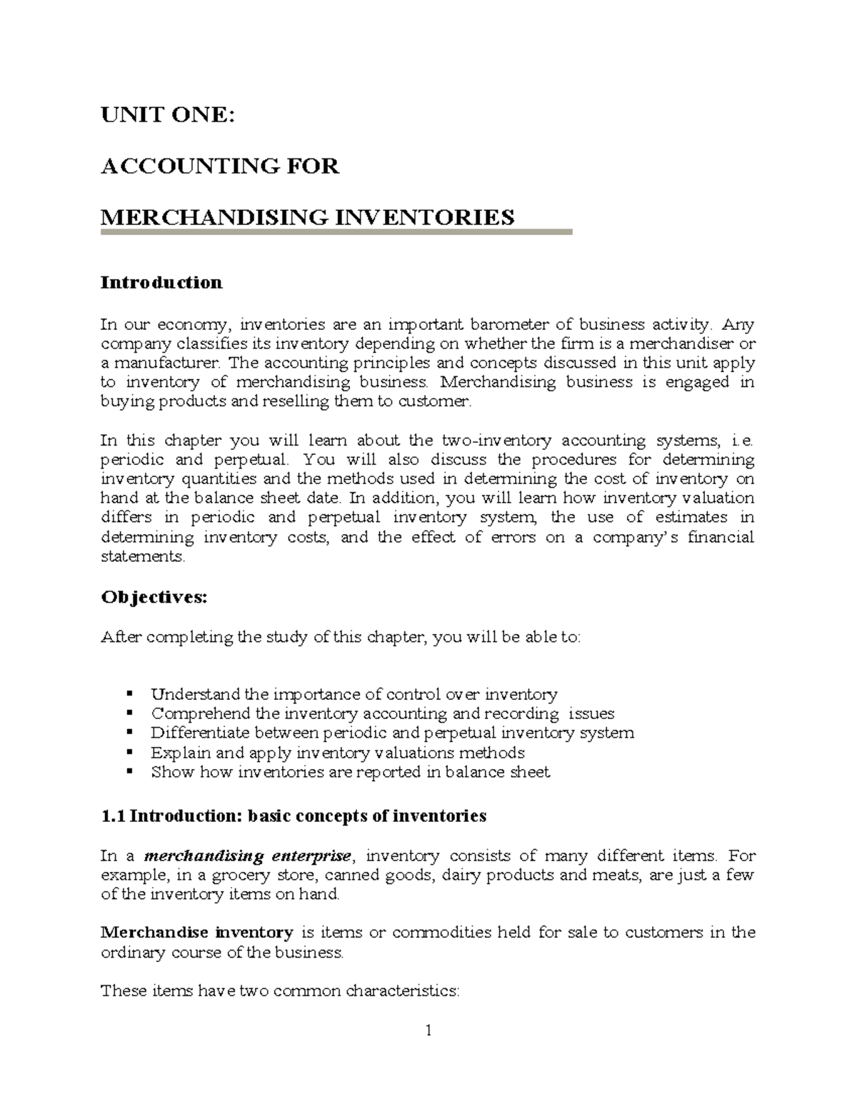 Unit 1: Inventory Accounting in Merchandising Business (ACC101) - Studocu