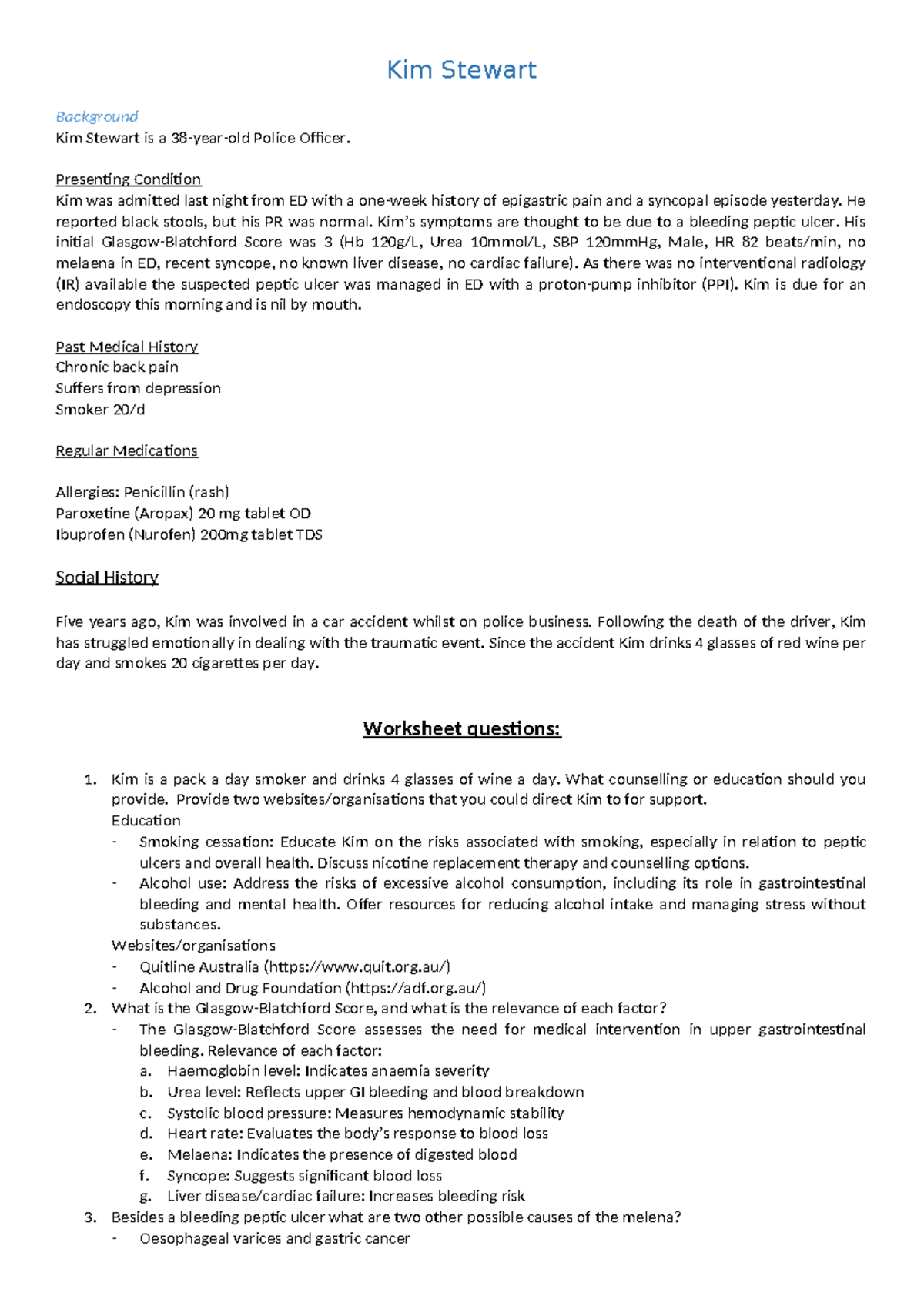 KH-1034: Kim Stewart's Clinical Worksheet on GI Bleeding and Management ...