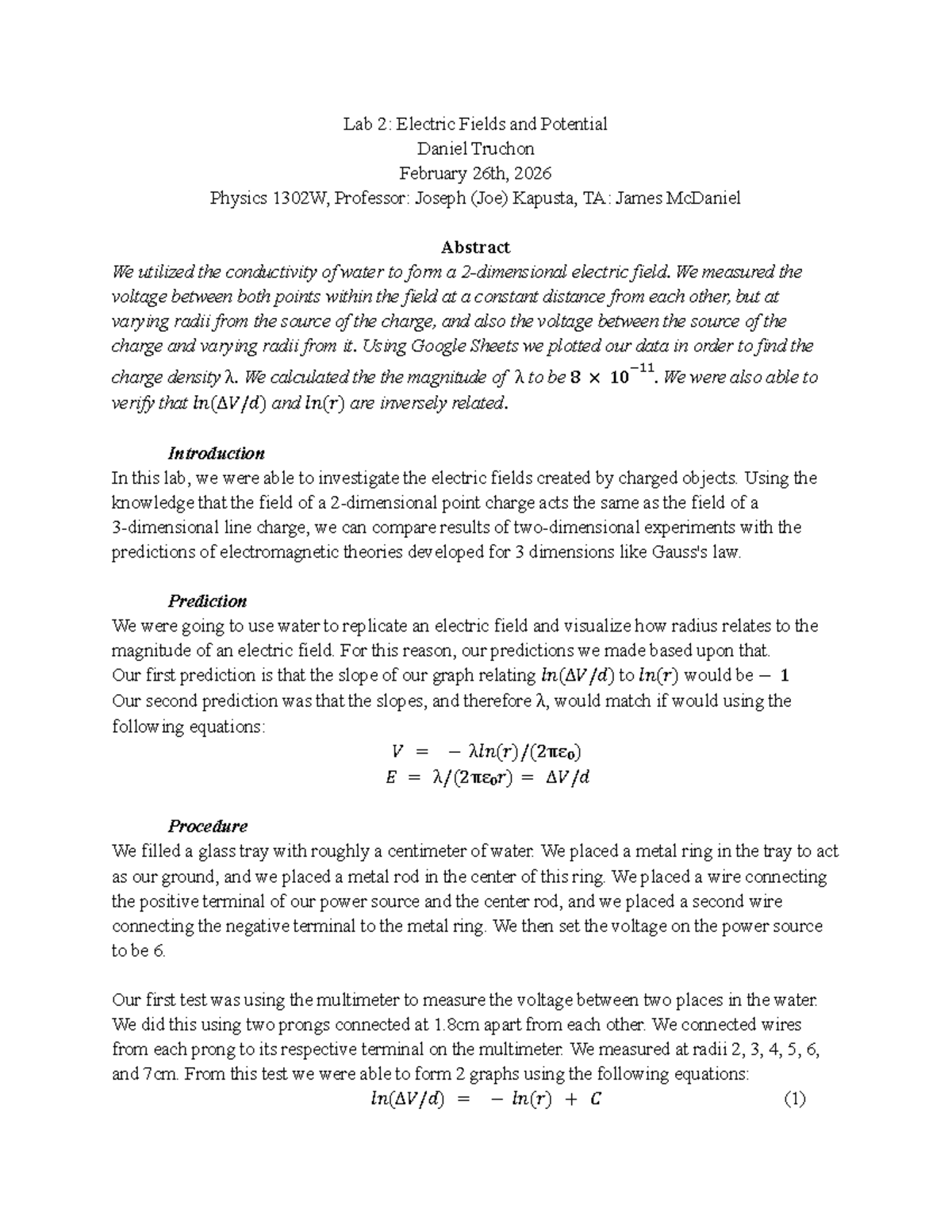 PHYS 1302W Lab 2 Report: Electric Fields & Charge Density Analysis ...