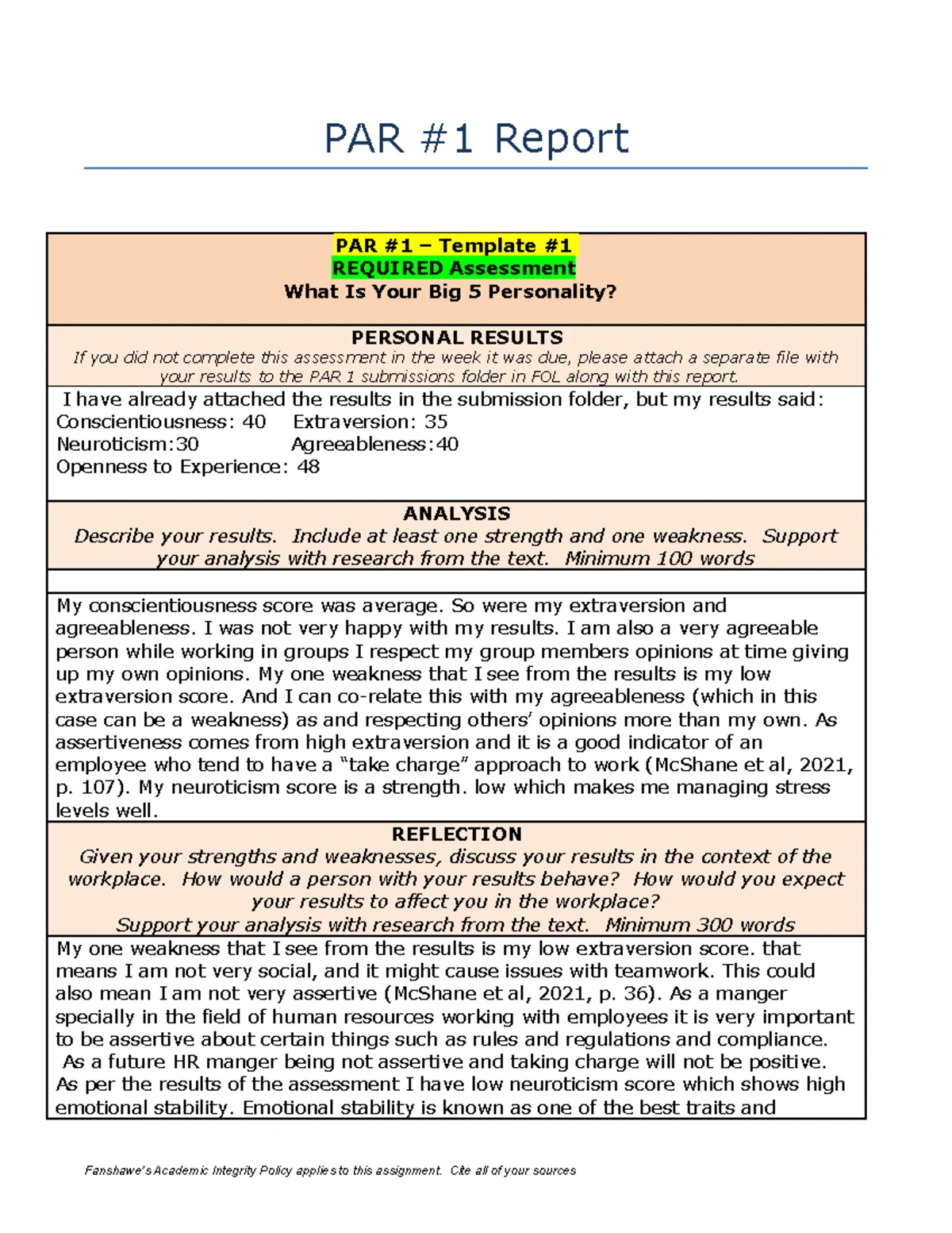 PAR #1 Personality Assessment & Analysis Templates - Studocu