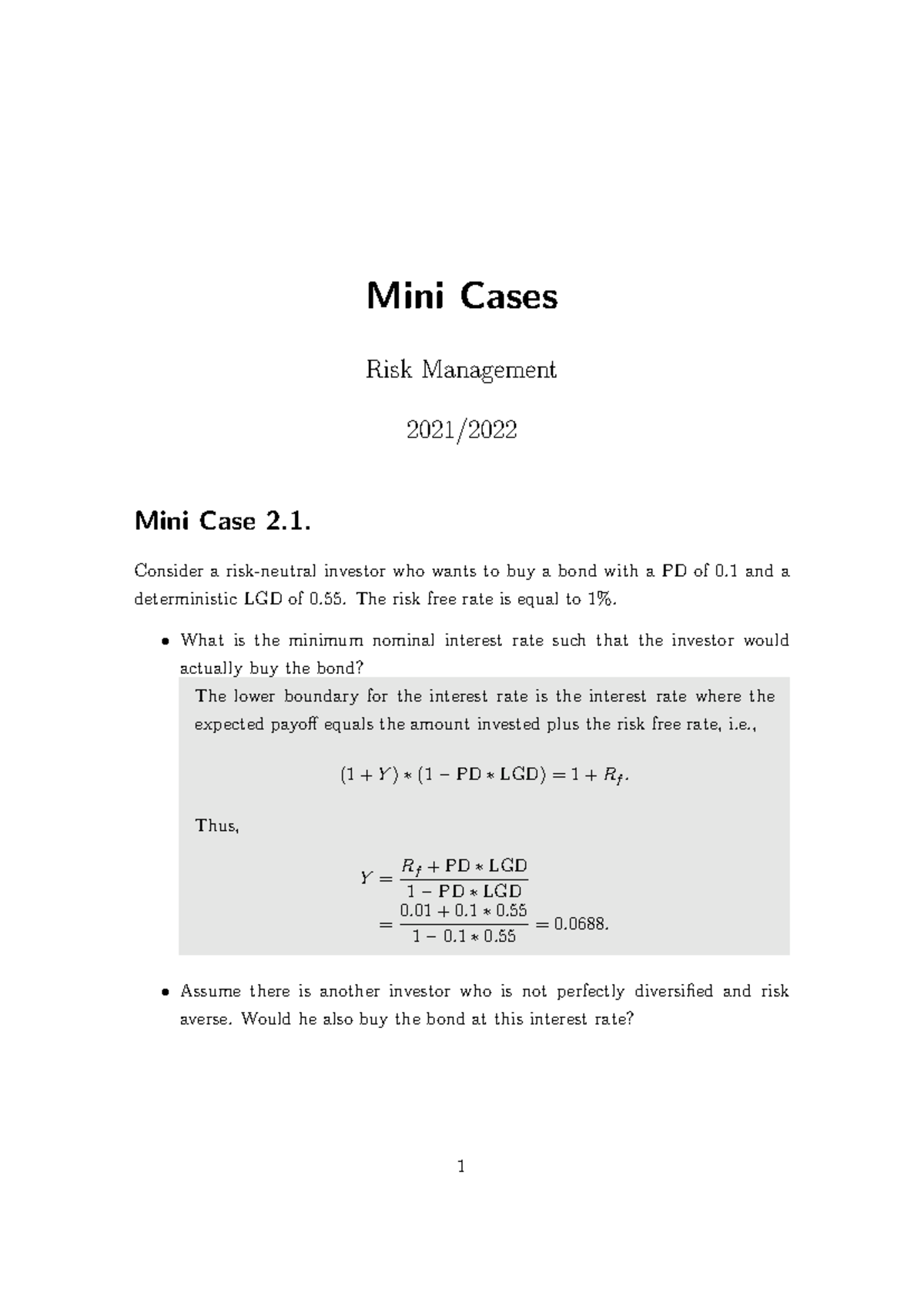 Solution Mini Cases Unit 2 - Mini Cases Risk Management 2021/ Mini Case ...