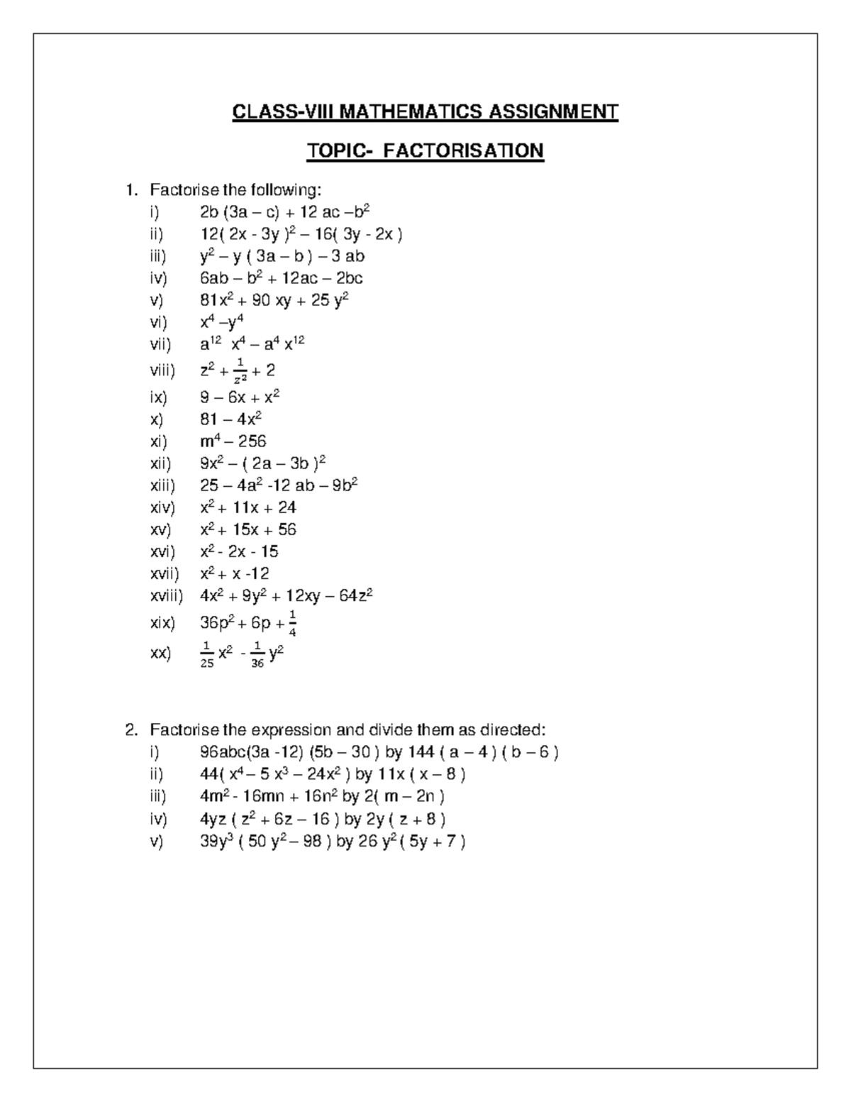 Class 8ST Mathematics Assignment: Factorisation & Linear Equations ...