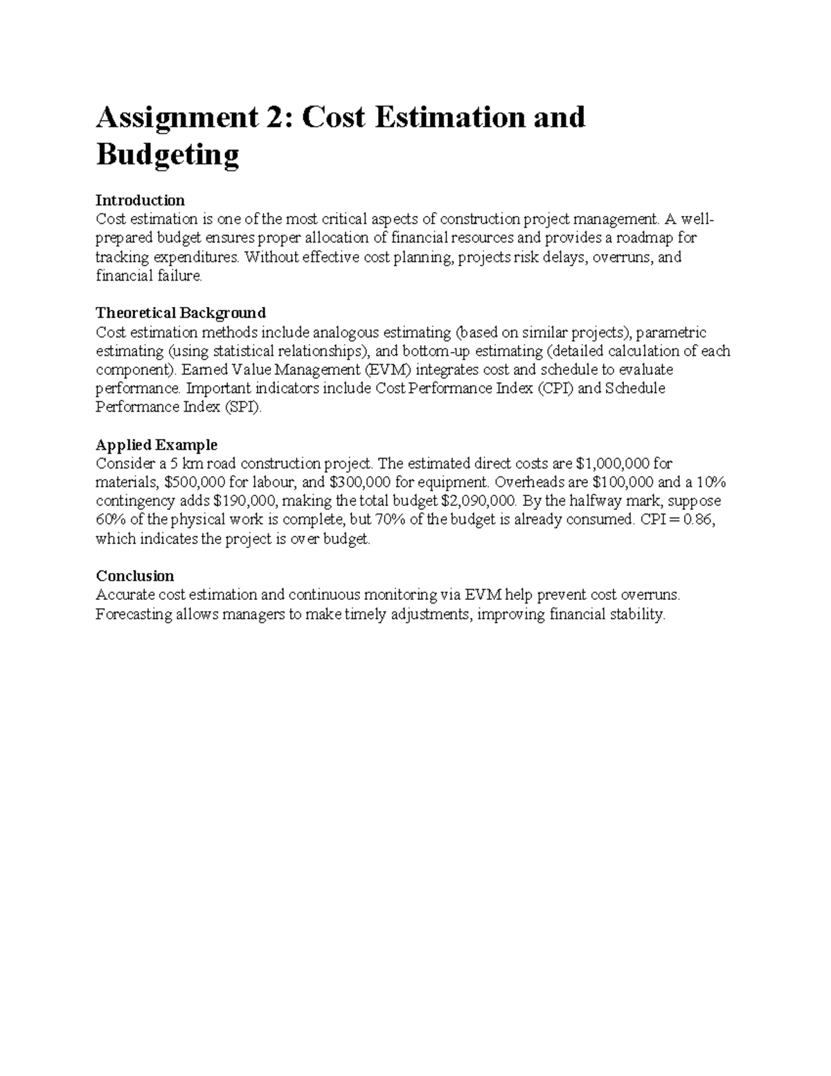 Assignment 2: Cost Estimation & Budgeting in Project Management - Studocu