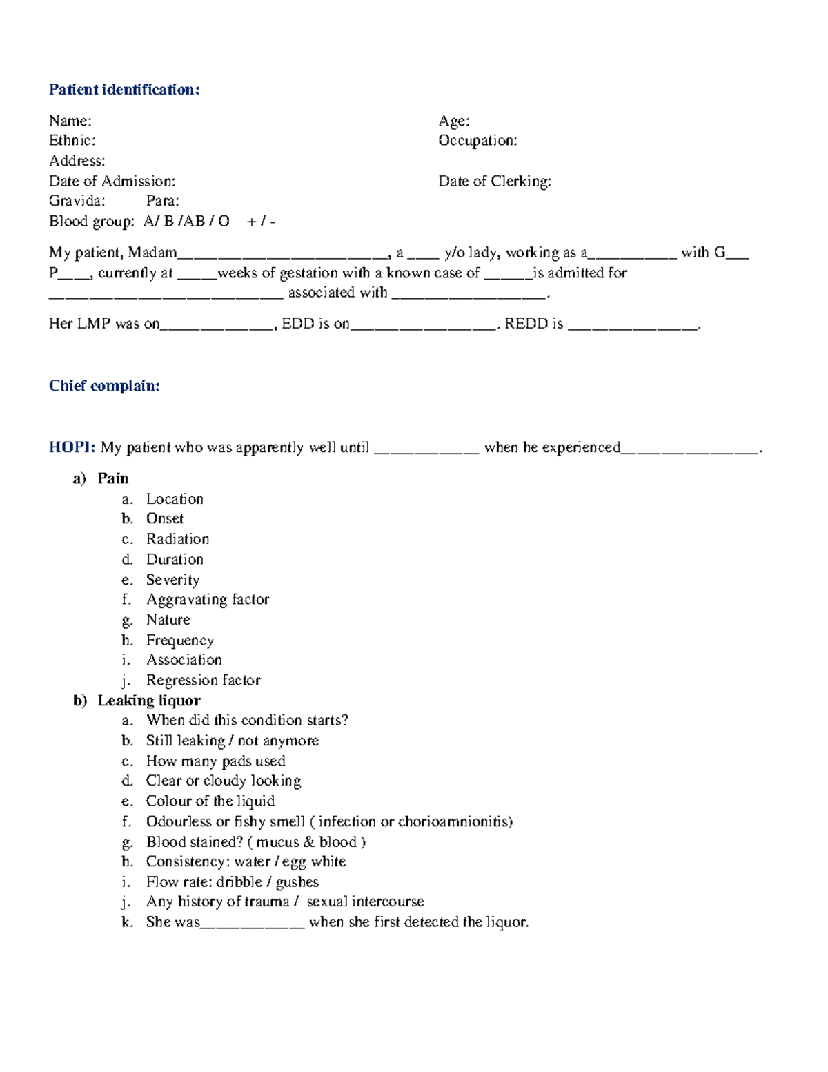 Obs History - Ong Notes - Patient identification: Name: Age: Ethnic ...