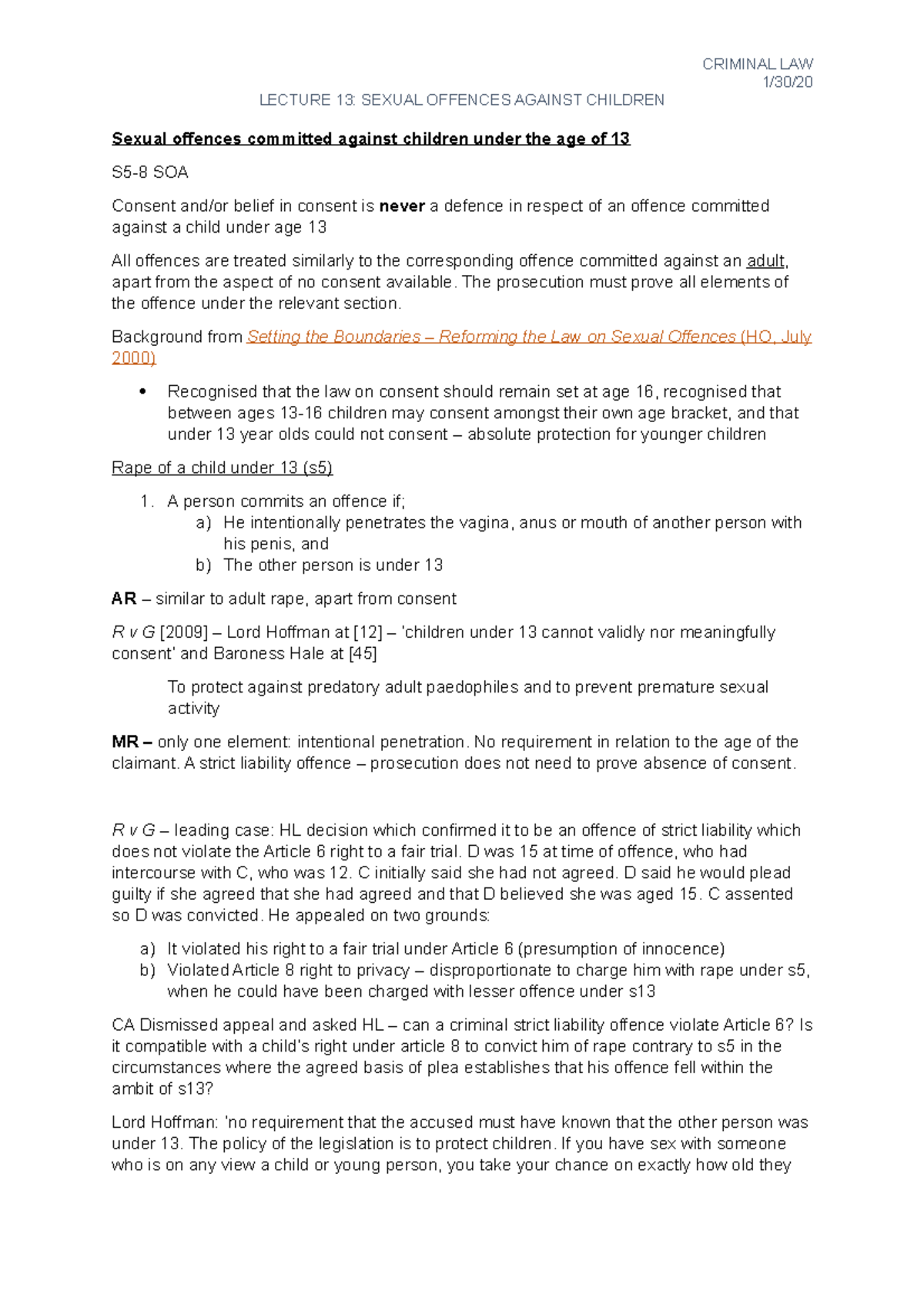 Criminal Law Lecture 13 - Sexual Offences Against Children Under 13 ...
