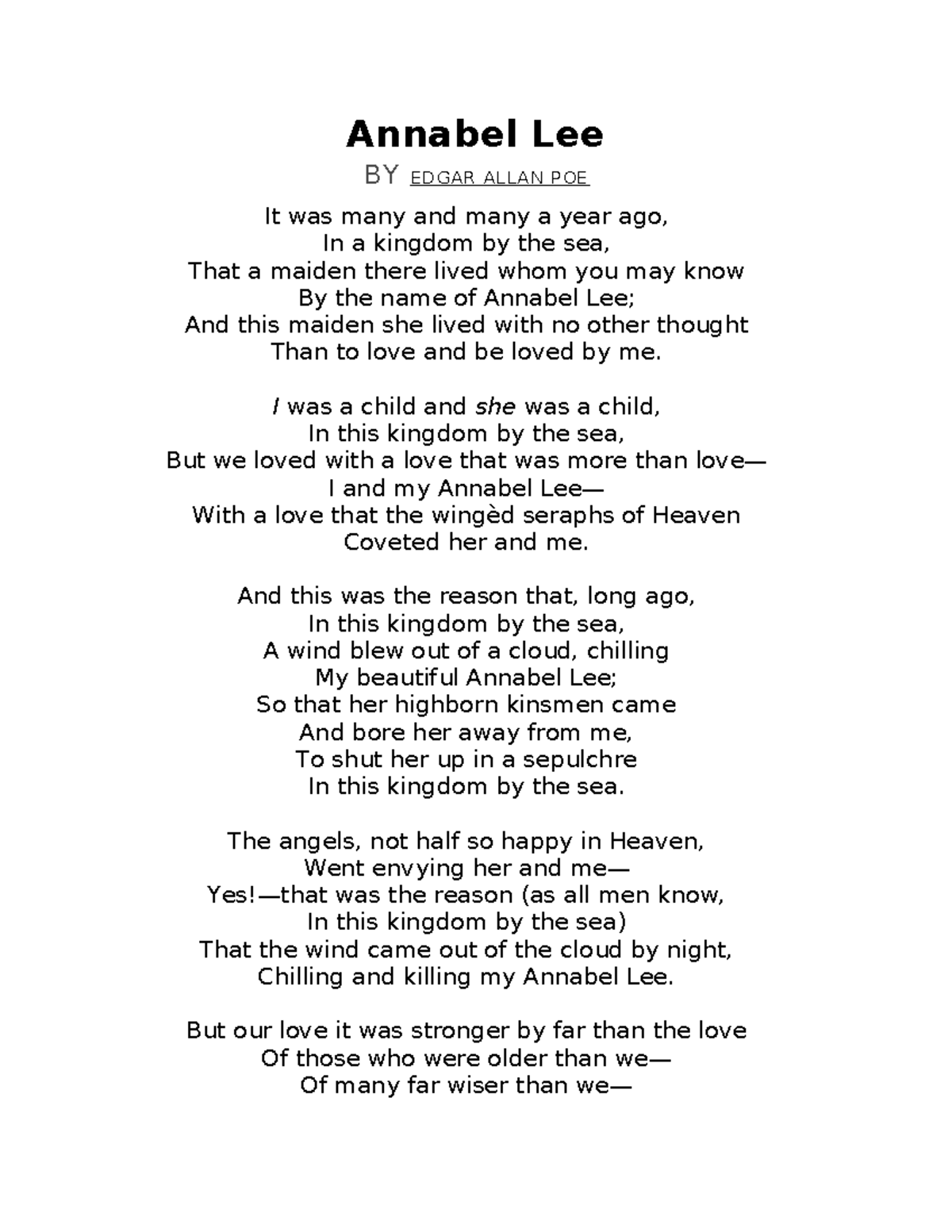 Manuscript Prelim - Annabel Lee BY ED GA R A LLAN P OE It was many and ...