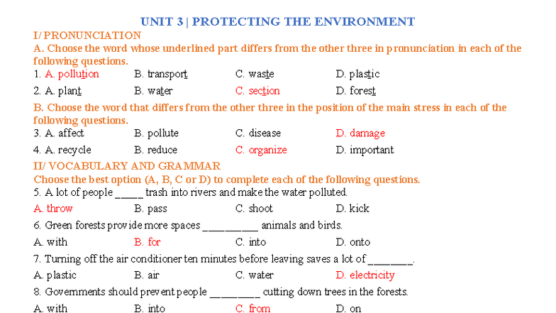 E8 UNIT 3 Vocabulary & Test Key: Protecting the Environment - Studocu