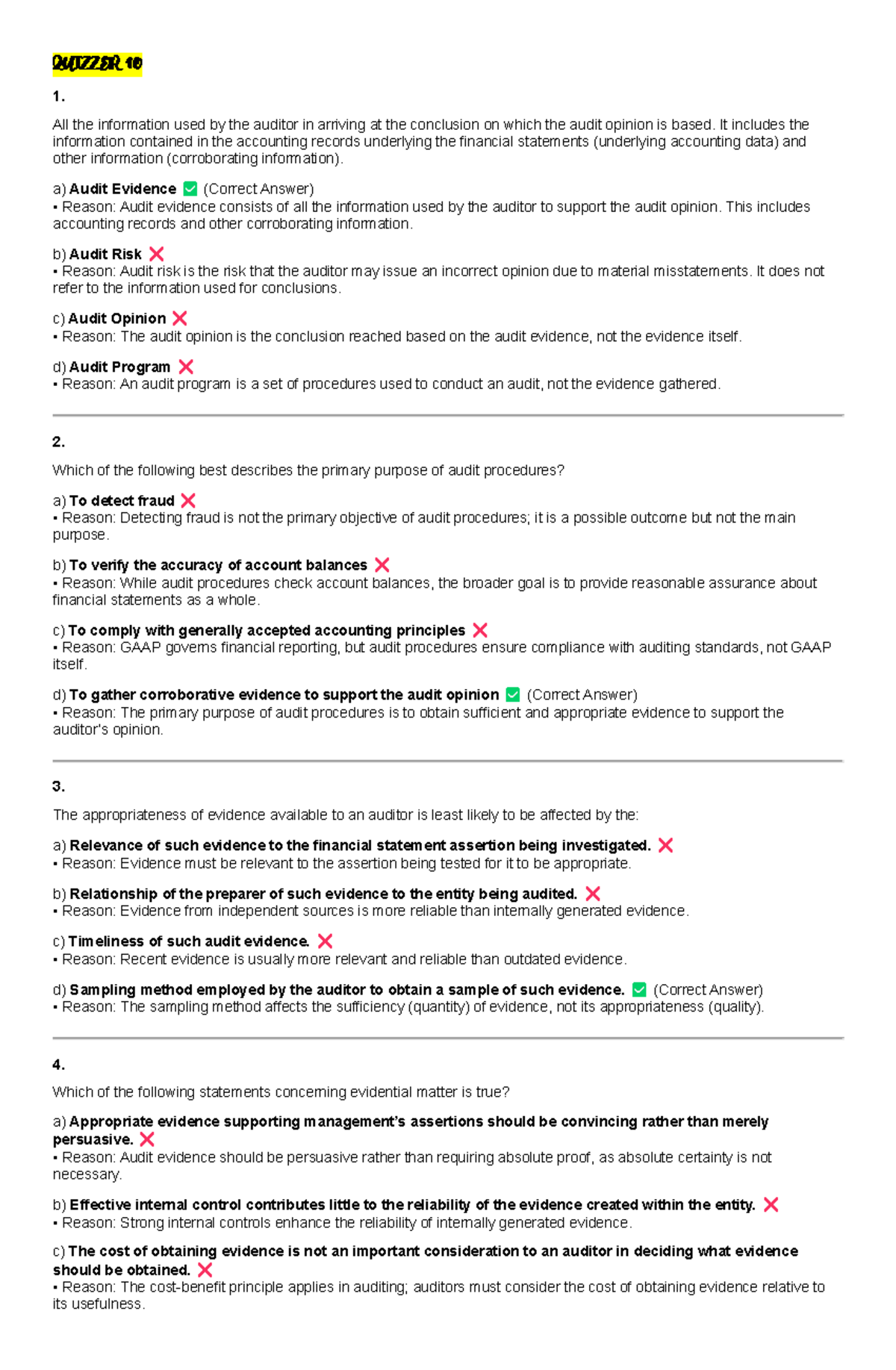 Quizzer 10: Key Concepts in Audit Evidence and Procedures - Studocu