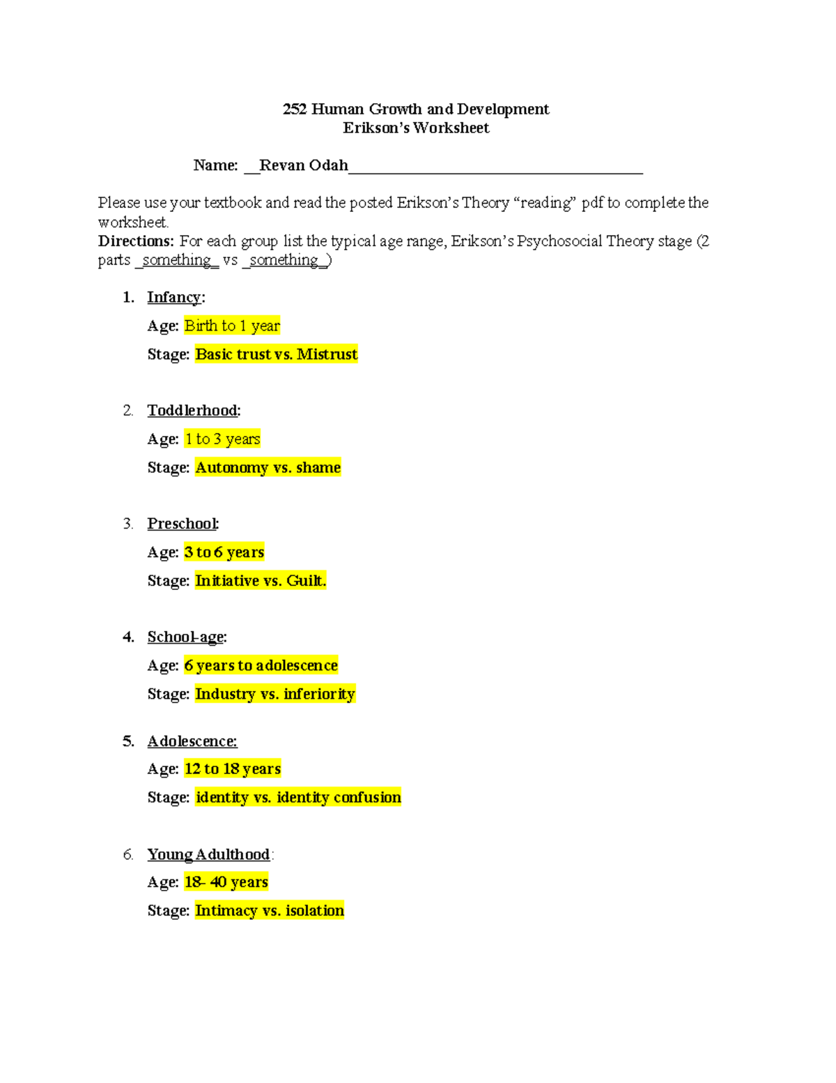 EDU 252 Human Growth & Development Worksheet on Psychosocial Stages ...