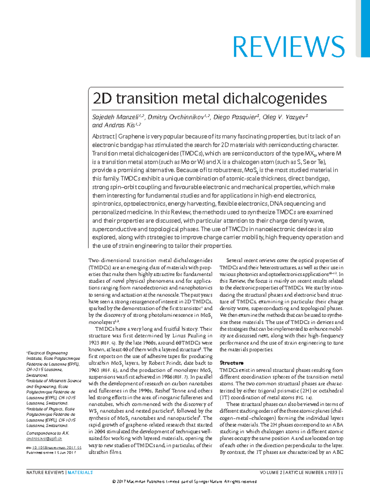 Review of 2D Transition Metal Dichalcogenides: Properties and ...