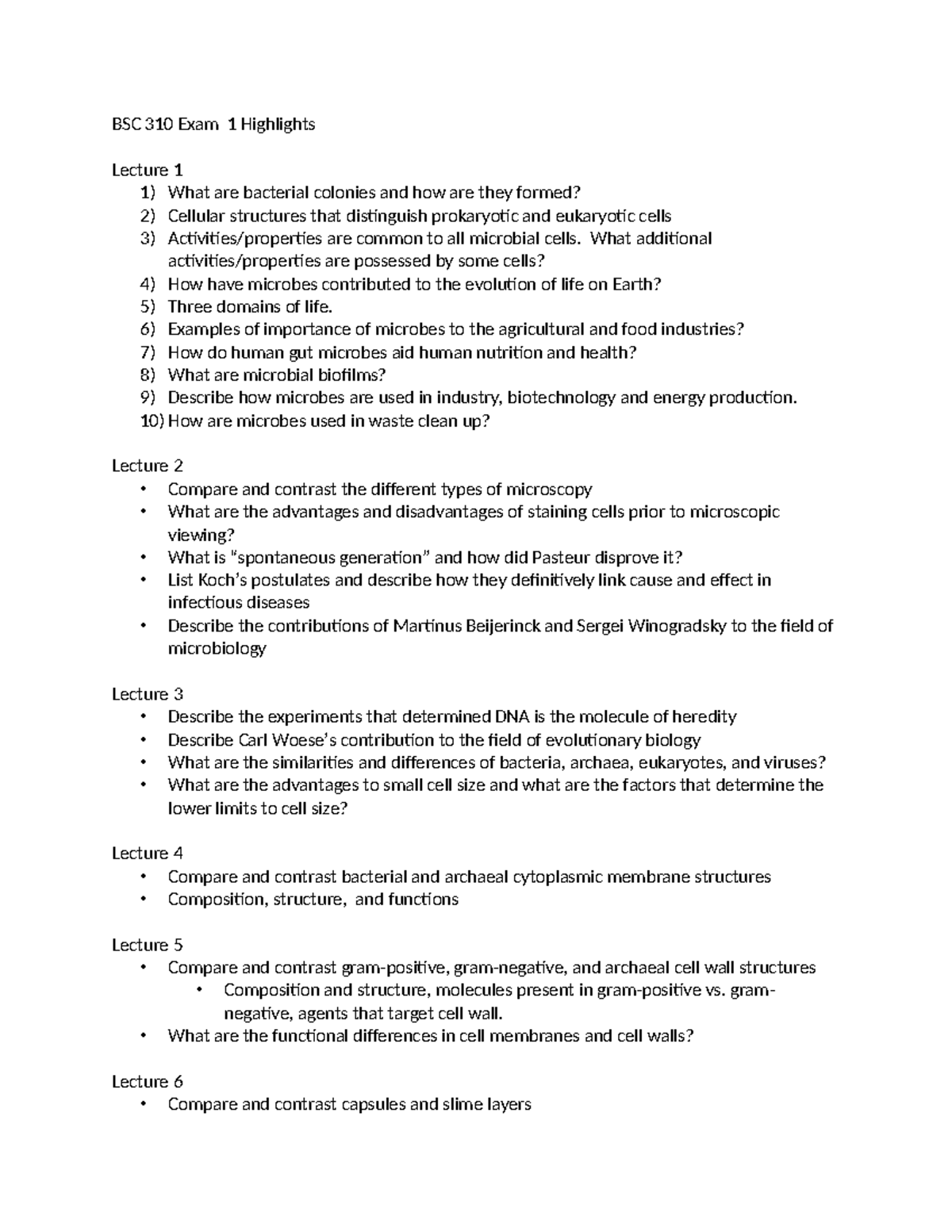 BSC 310 Exam 1 Highlights - BSC 310 Exam 1 Highlights Lecture 1 1) What ...