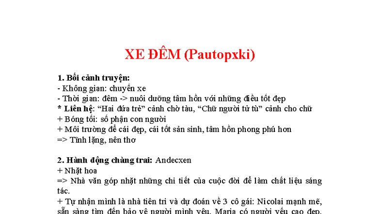 XE ĐÊM (Pautopxki) - Phân Tích Tác Phẩm và Ý Nghĩa - Studocu