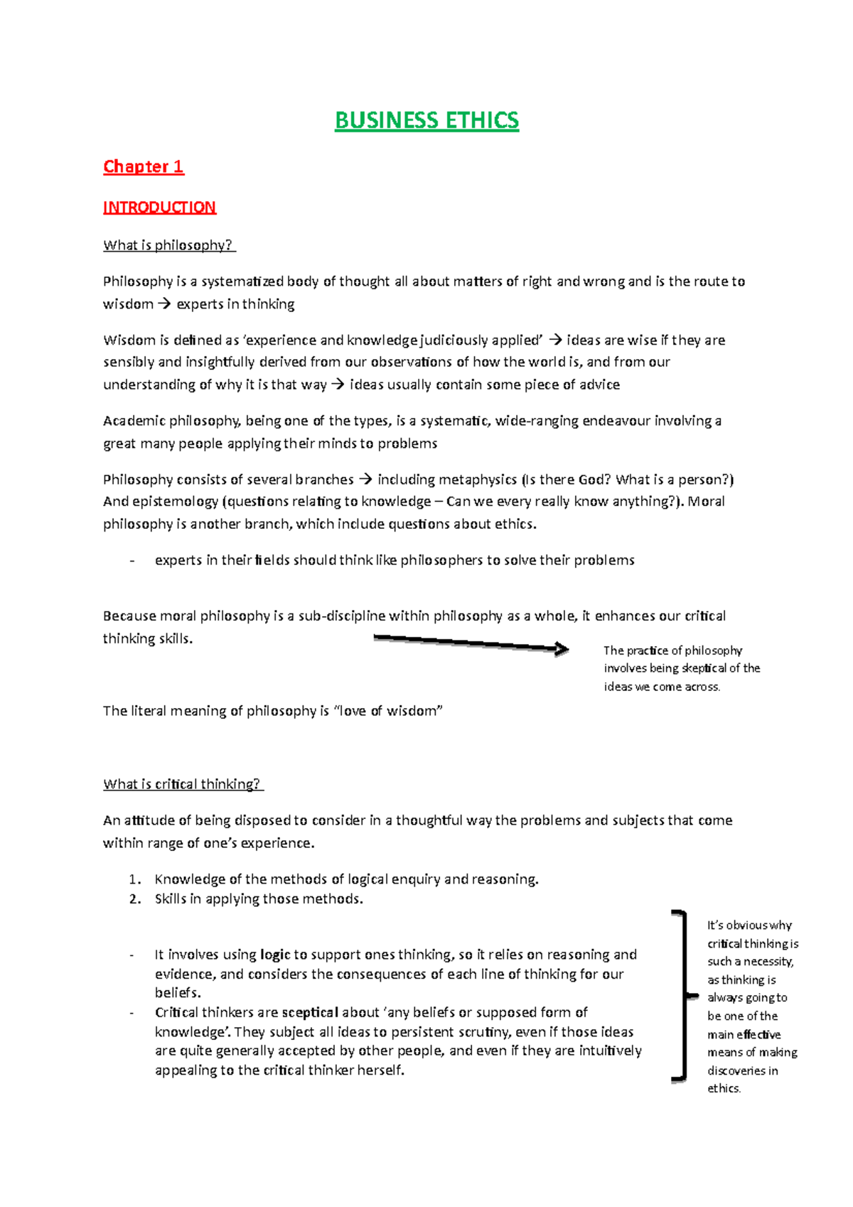 BUSINESS ETHICS: Chapter 1 - Introduction to Philosophy and Ethics ...
