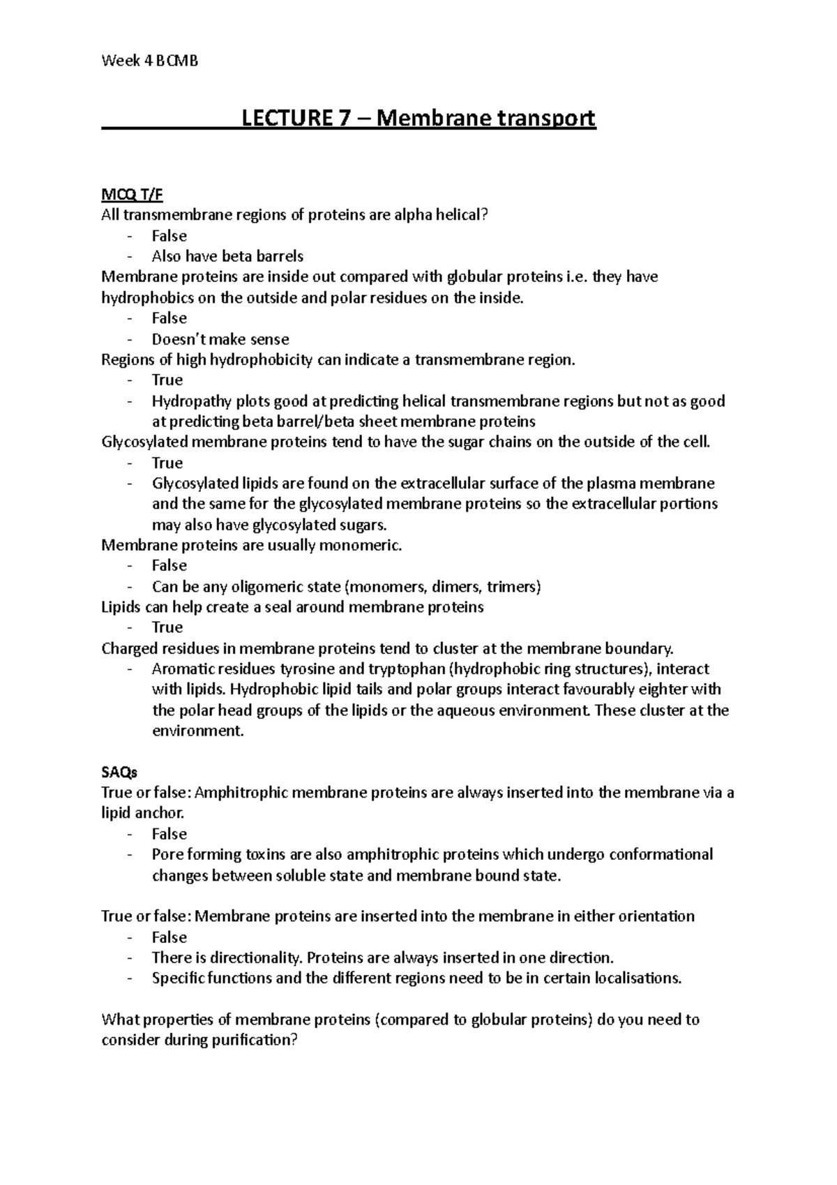 BCMB 101 - Lecture Notes on Membrane Transport Mechanisms (Week 4 ...