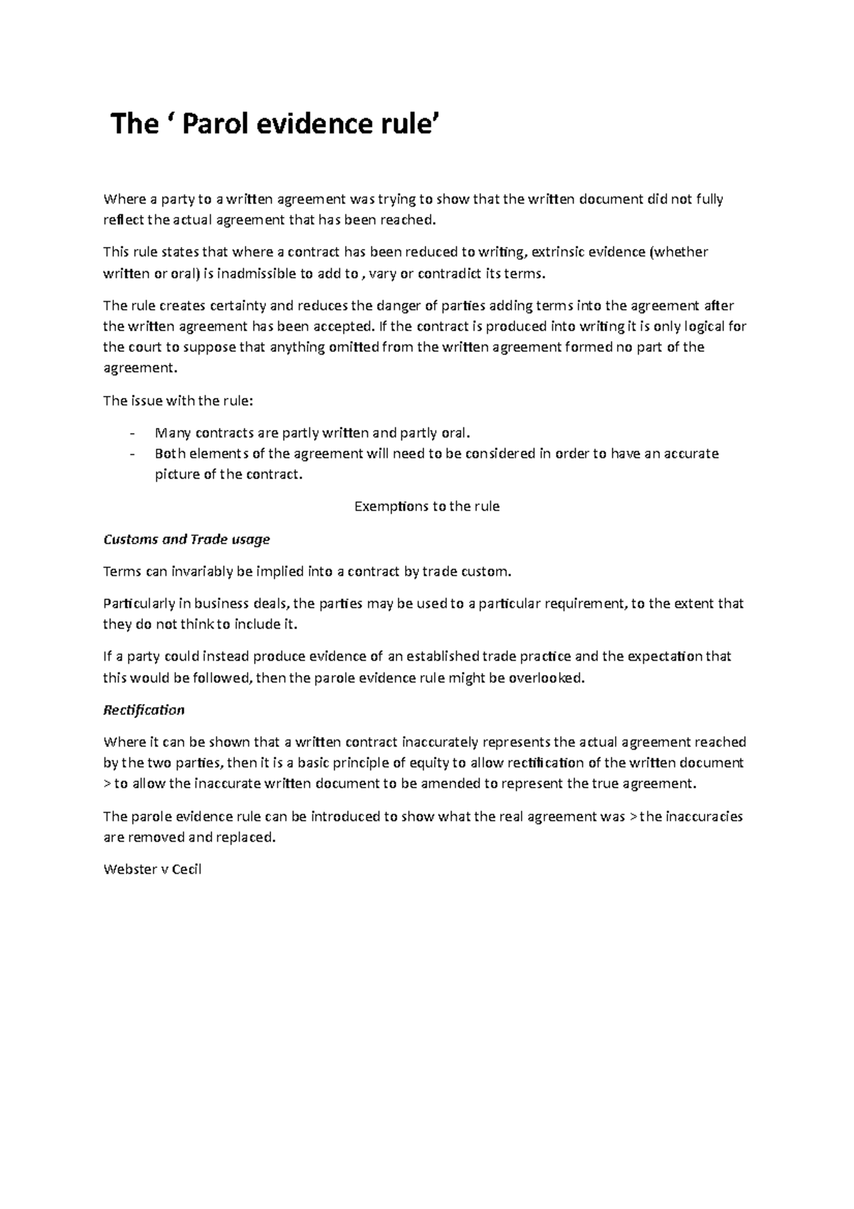 Contract Law - Understanding the Parol Evidence Rule Explained - Studocu