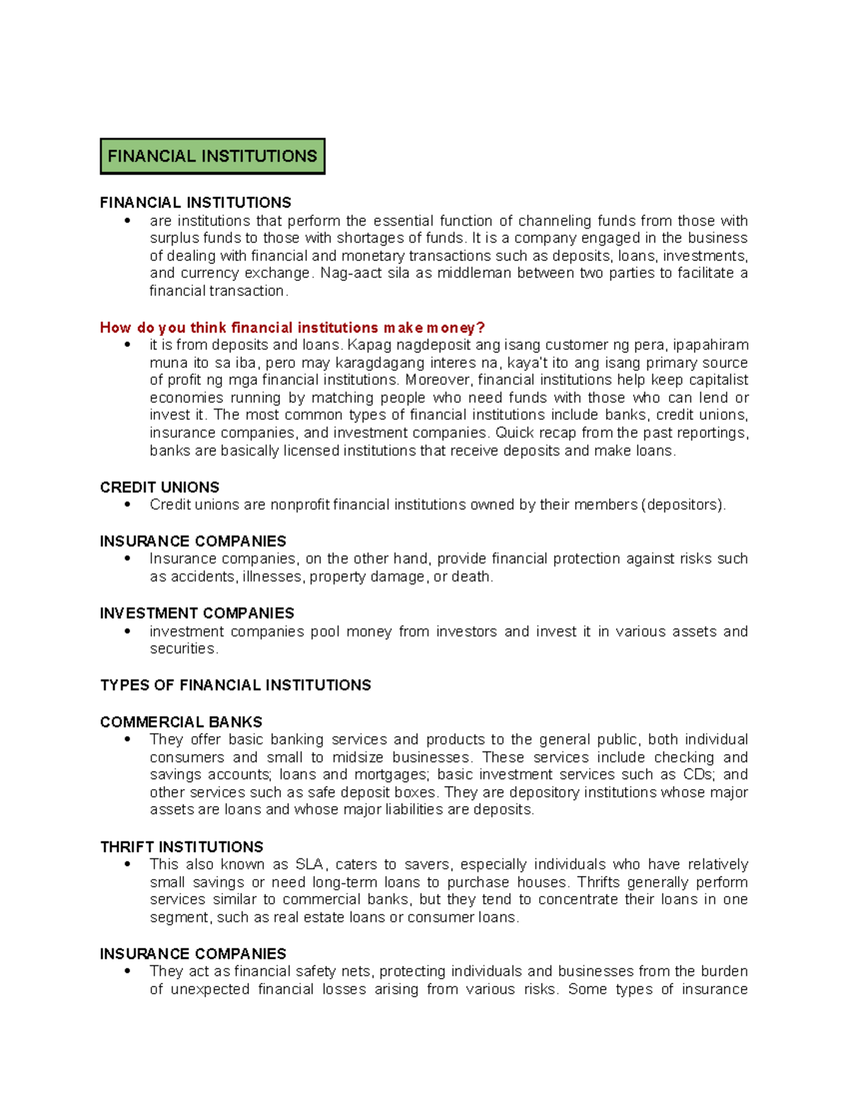 FIN 101: Overview of Financial Institutions and Their Roles - Studocu