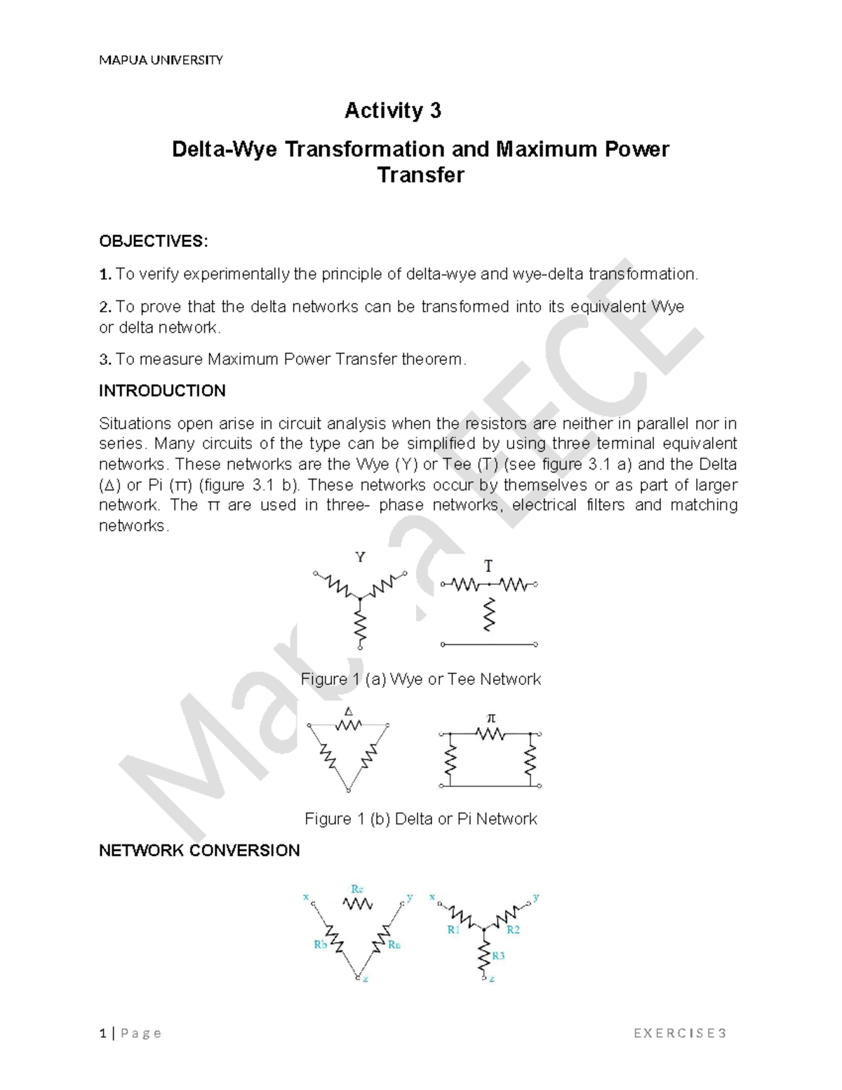Activity 3: Experimental Study of Delta-Wye Transformations and Power ...