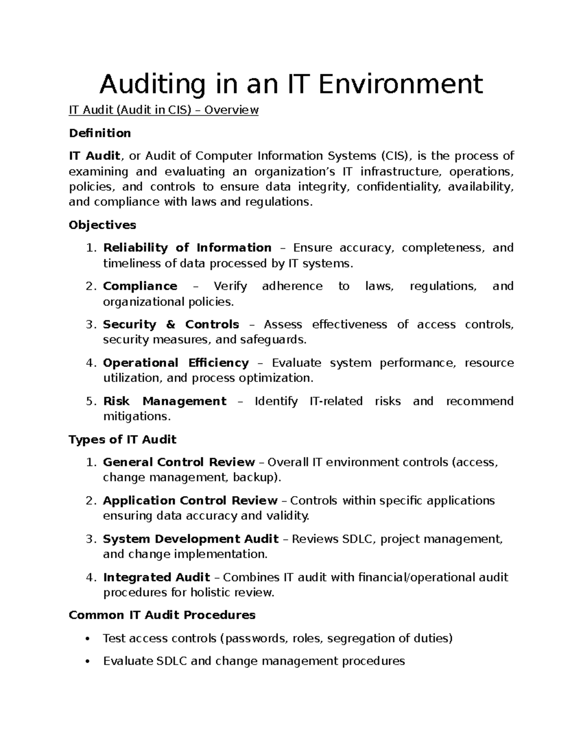 IT Audit Overview: Key Objectives & Procedures (Audit in CIS) - Studocu