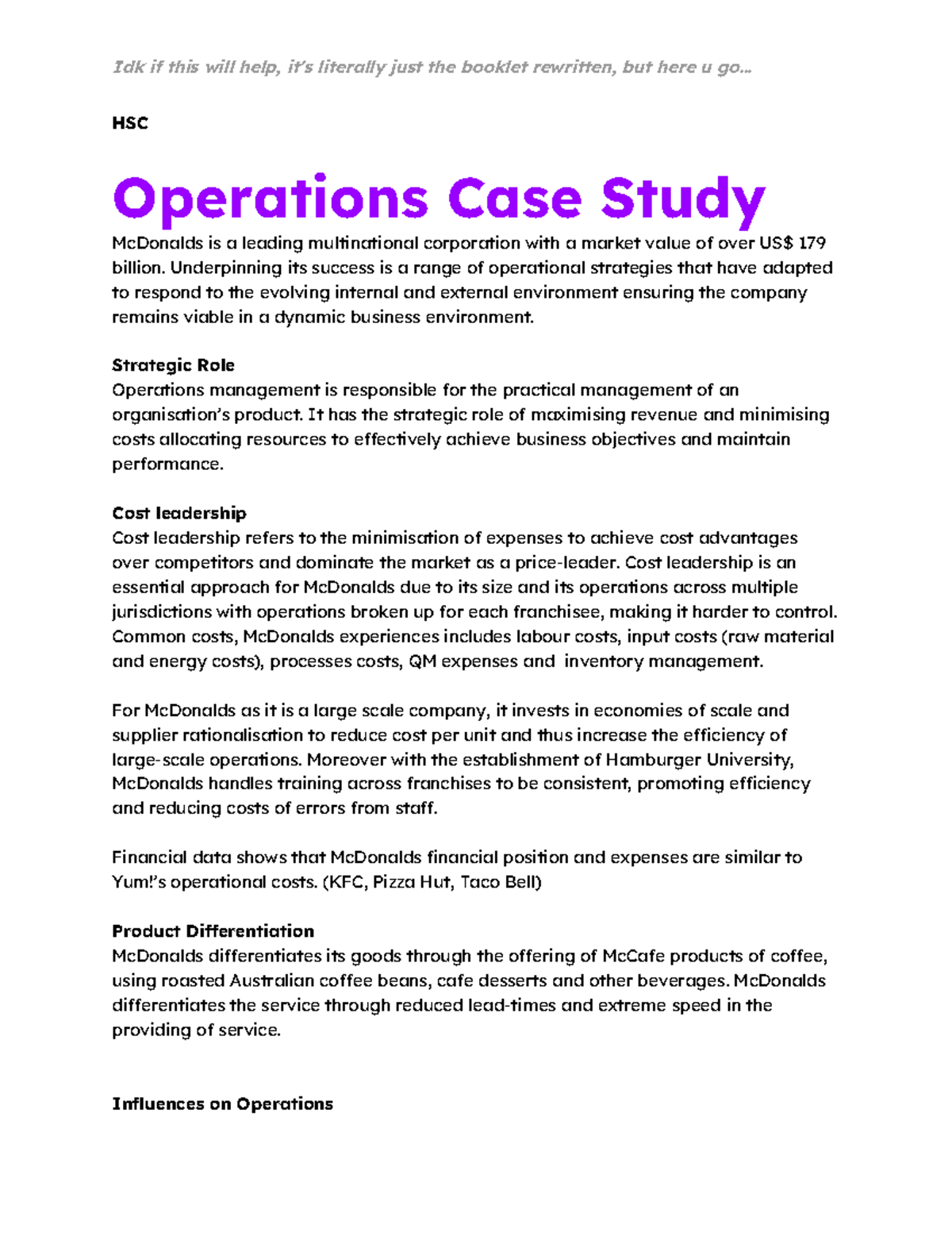 HSC Operations Case Study: McDonald's Strategic Management Insights ...