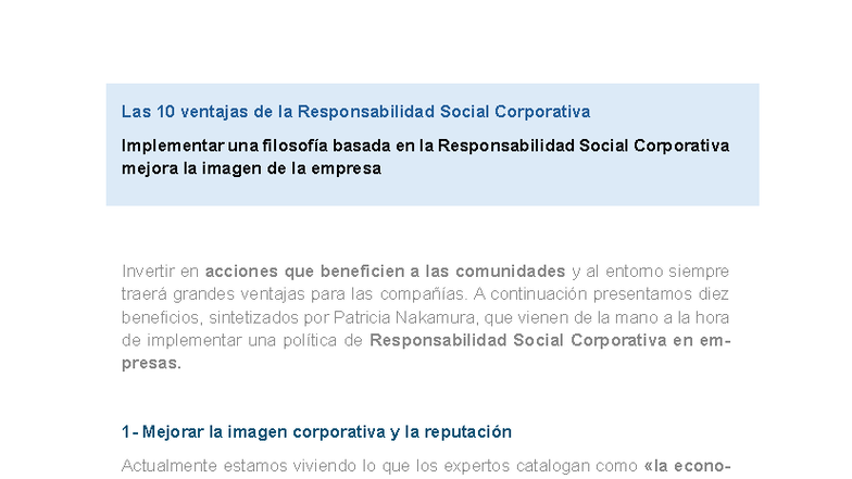 Las 10 Ventajas de la RSC: Mejora Empresarial y Social - Studocu