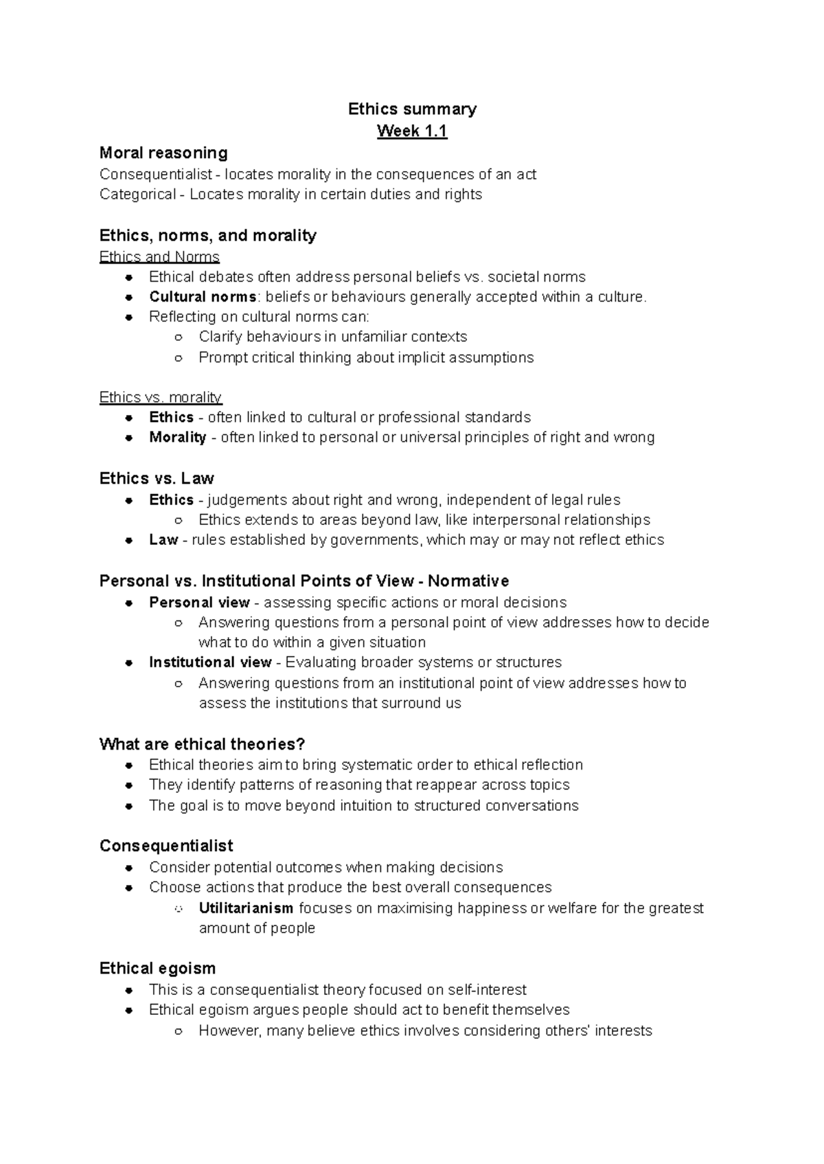 Ethics Summary: Key Concepts and Theories in Business (ETH-101 ...