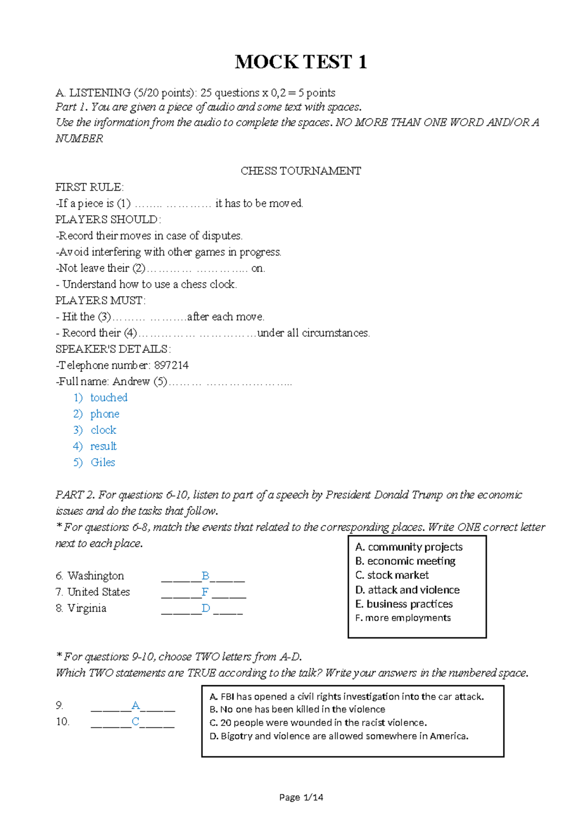 PRACTICE TEST - ENGLISH GRADE 11: MOCK TEST 1 - LISTENING & READING ...
