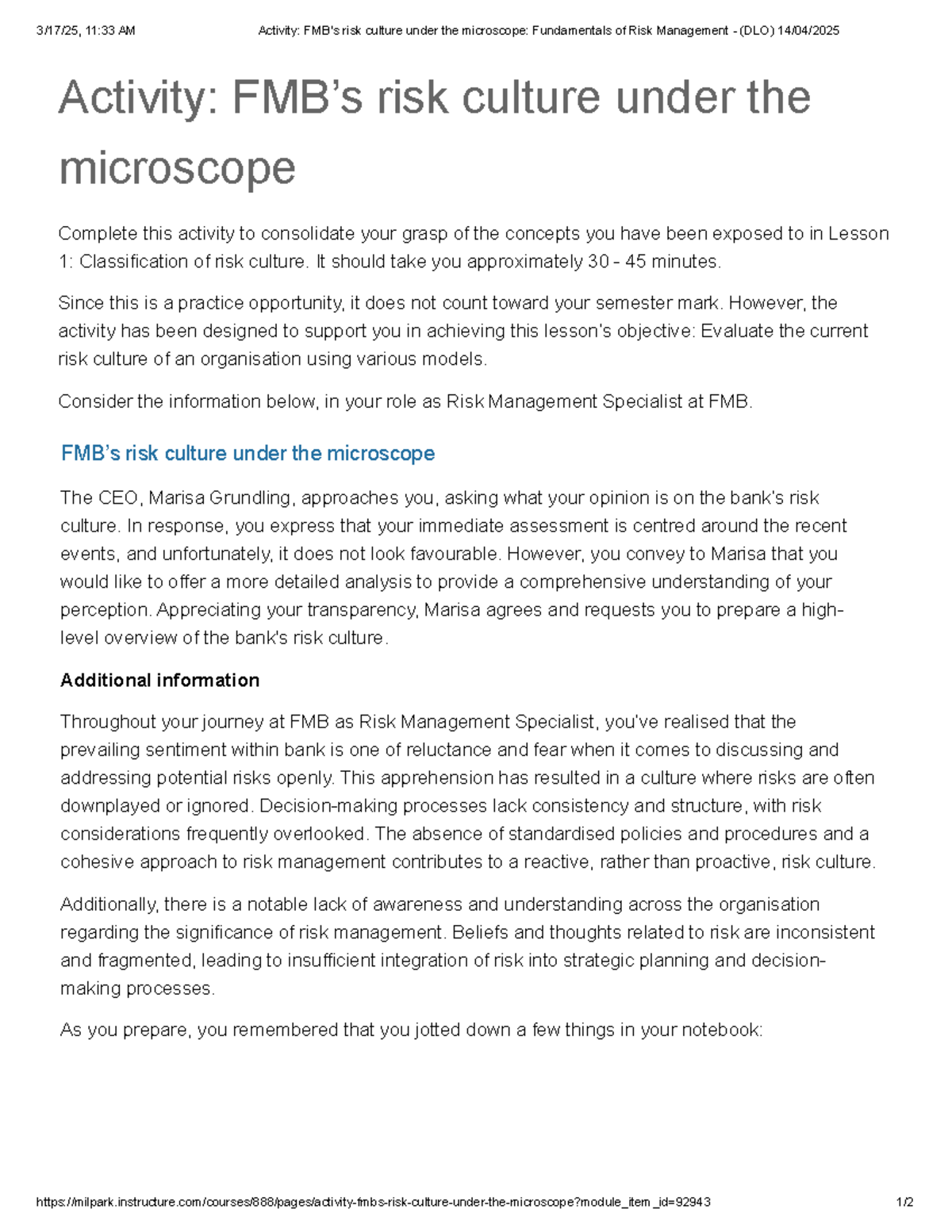 FMB's Risk Culture Analysis Activity: Risk Management Fundamentals (DLO ...