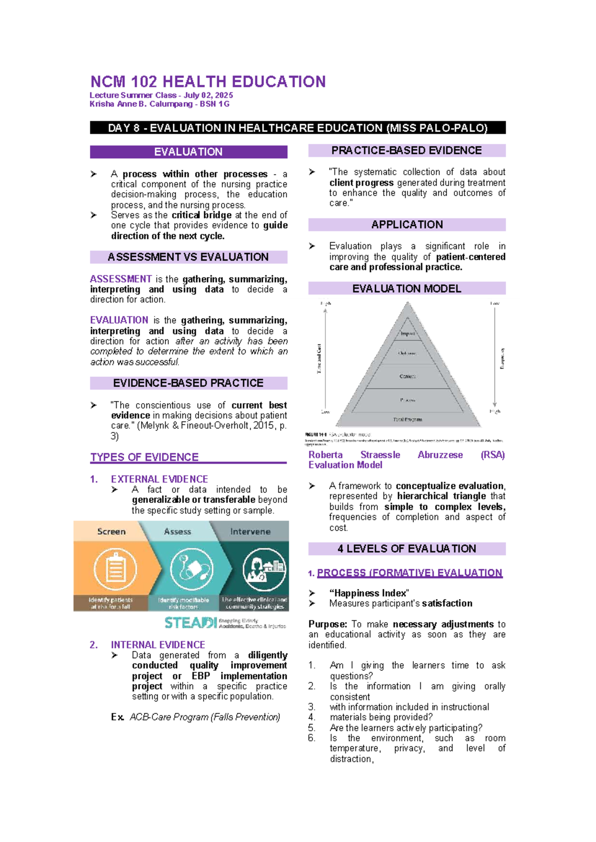 NCM 102 HEALTH EDUCATION Lecture: Day 8 Evaluation in Healthcare ...