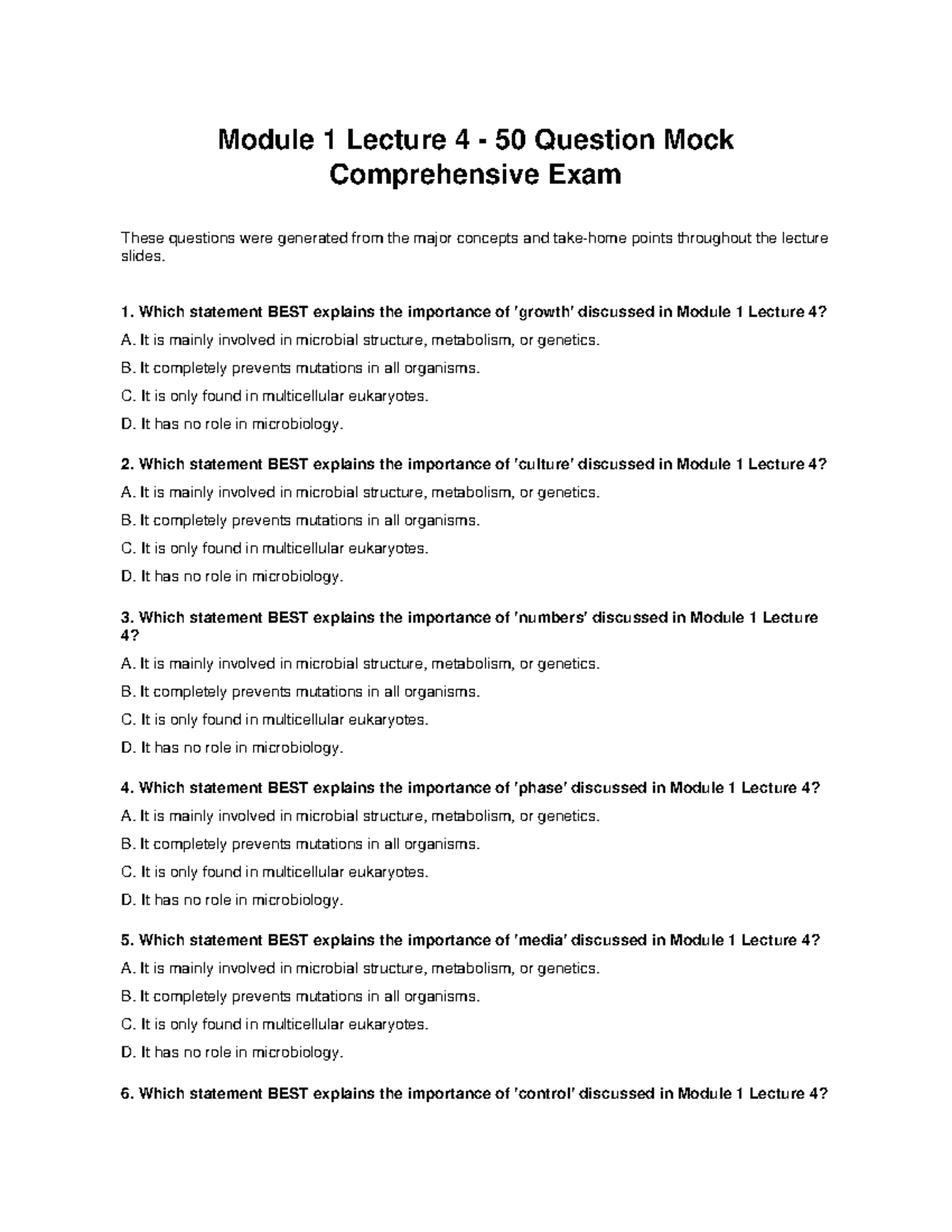 Module 1 Lecture 4 Mock Comprehensive Exam: 50 Questions - Studocu
