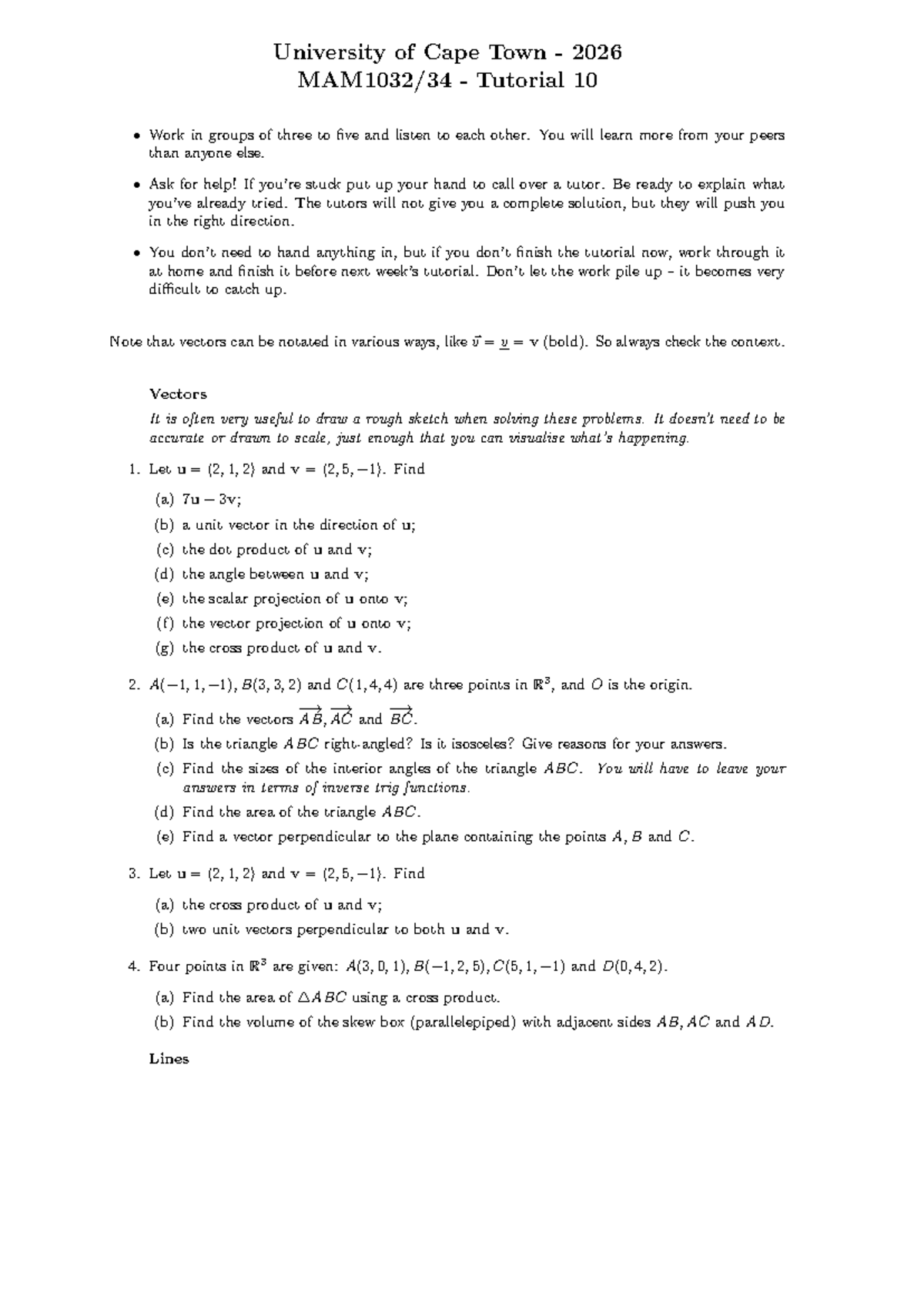 UCT 2026 Tutorial 10: Vector Calculations and Geometry - Studocu