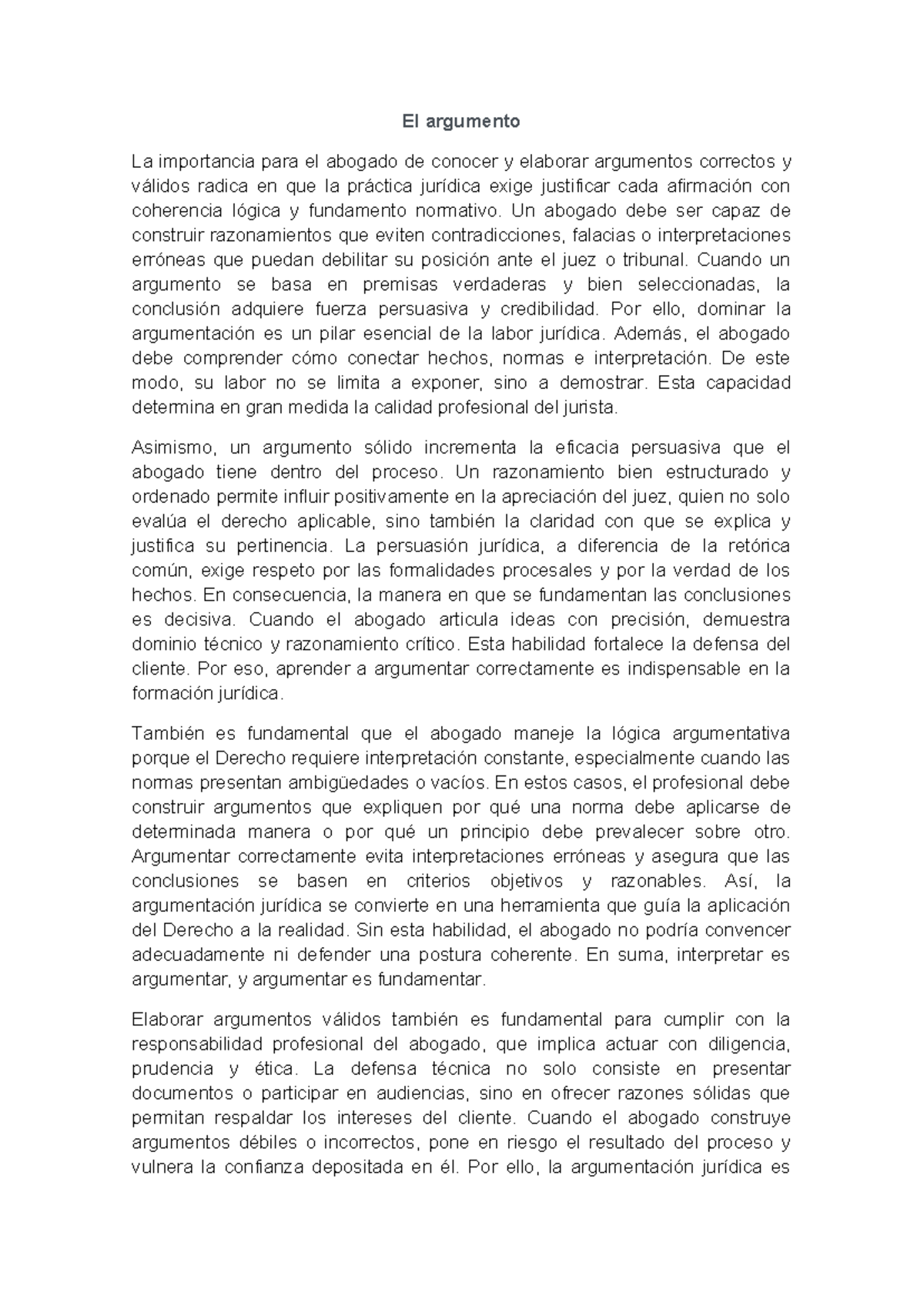 La Importancia de la Argumentación Jurídica para Abogados - Studocu