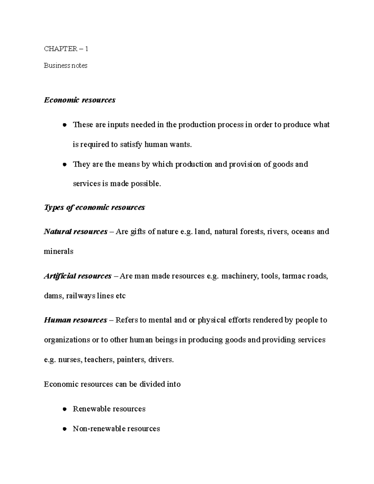 BUS 101: Chapter 1 Business Notes on Economic Resources Analysis - Studocu
