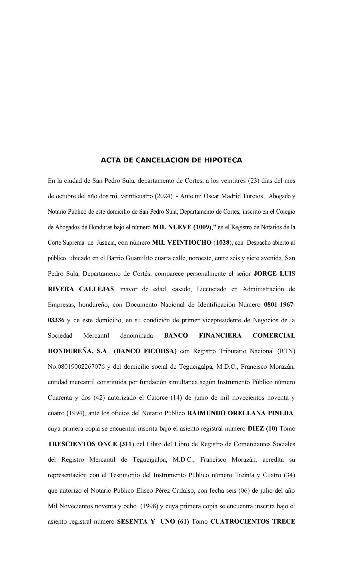 ACTA DE Cancelacion DE Hipoteca JUAN Francisco - ACTA DE CANCELACION DE ...