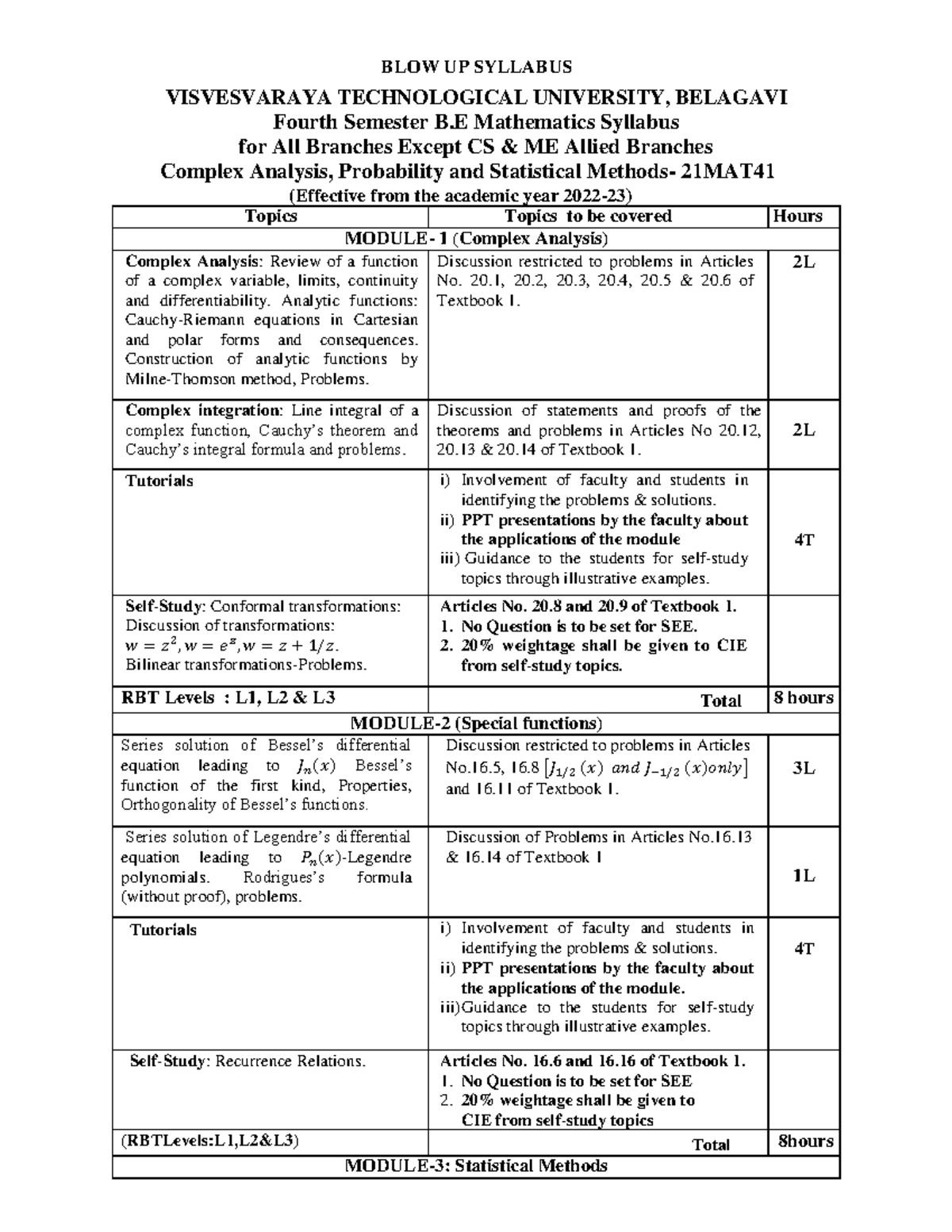 21MAT41 - Complex Analysis & Statistical Methods Syllabus - Studocu