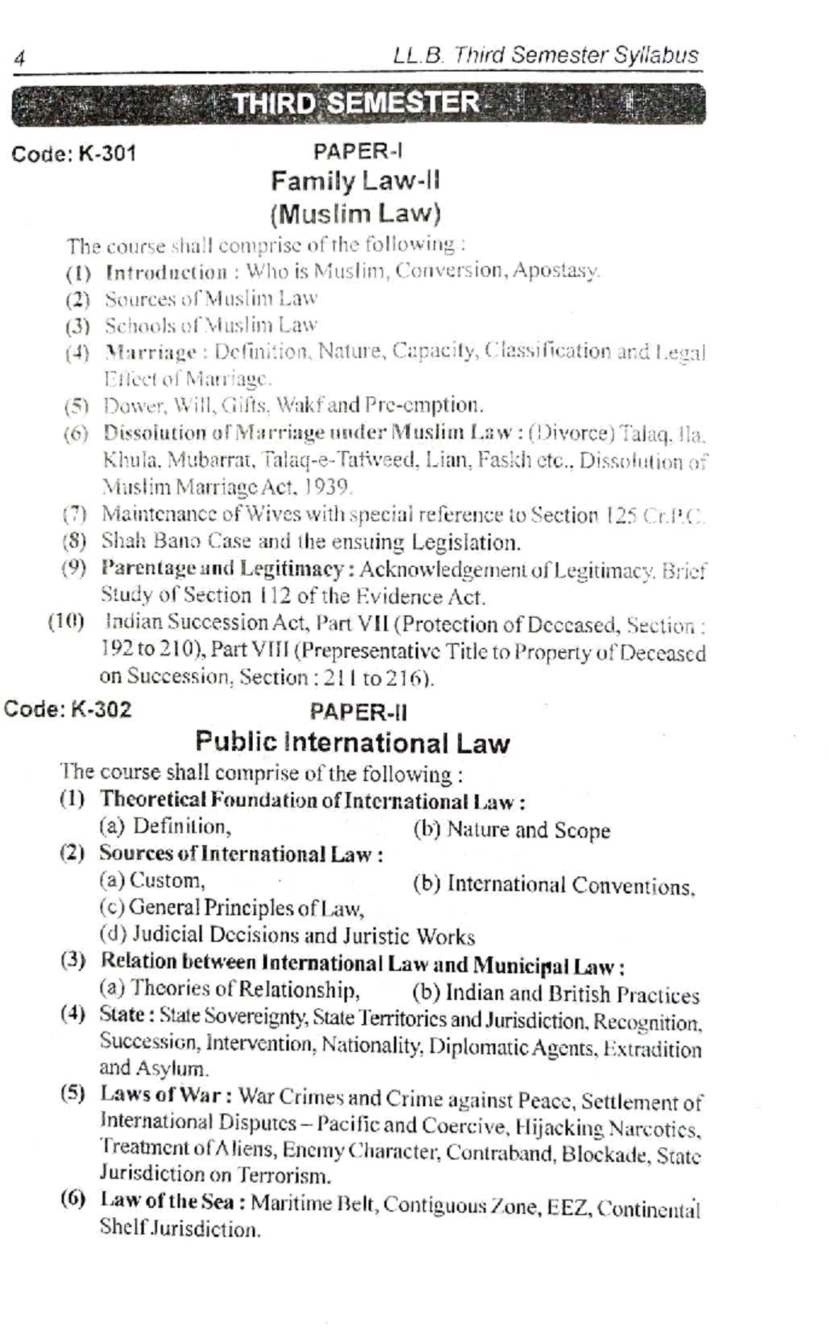 LL.B. Third Semester Syllabus: Family, Int'l & Admin Law Topics - Studocu